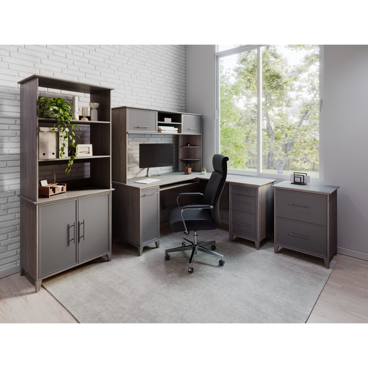Realspace Koru 60inW Hutch For Koru L-Shaped Or Straight Computer Desks, Two-Tone Slate/Gray Oak - Image 3