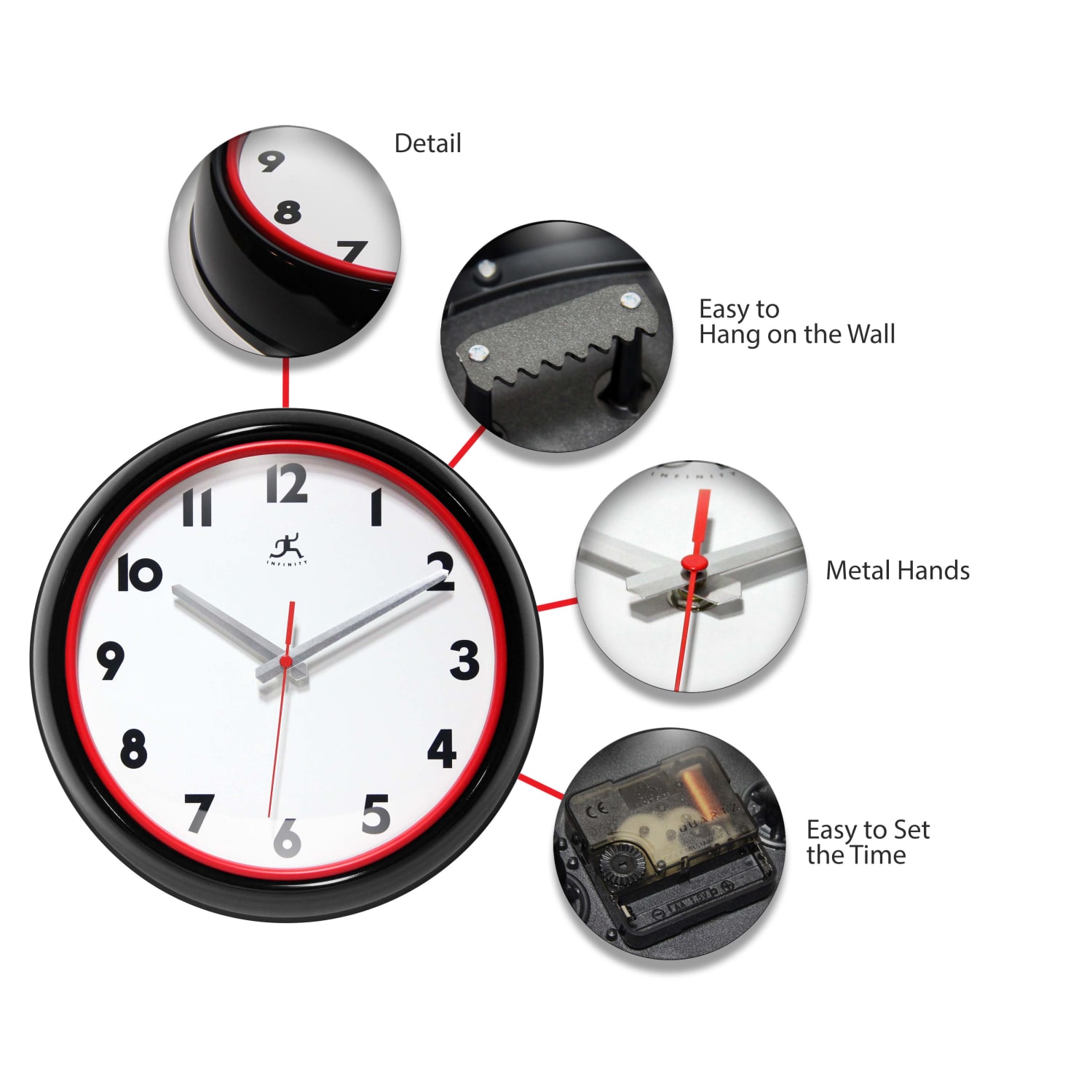 Infinity Instruments Lux Round Wall Clock, 12in, Black/Red - Image 6