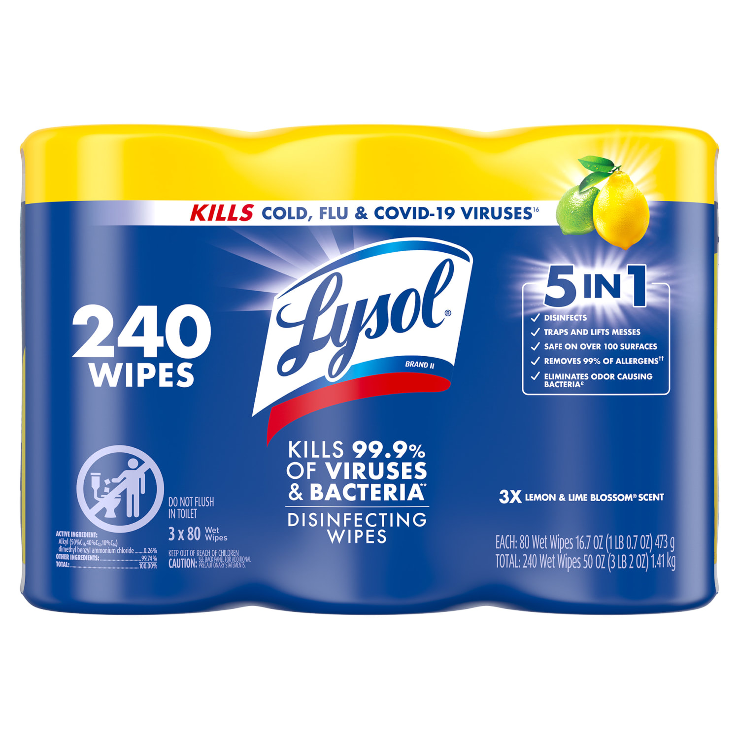 Lysol Disinfecting Wipes, Lemon Lime Blossom Scent, 80 Wipes Per Canister, Carton Of 6 Canisters - Image 4