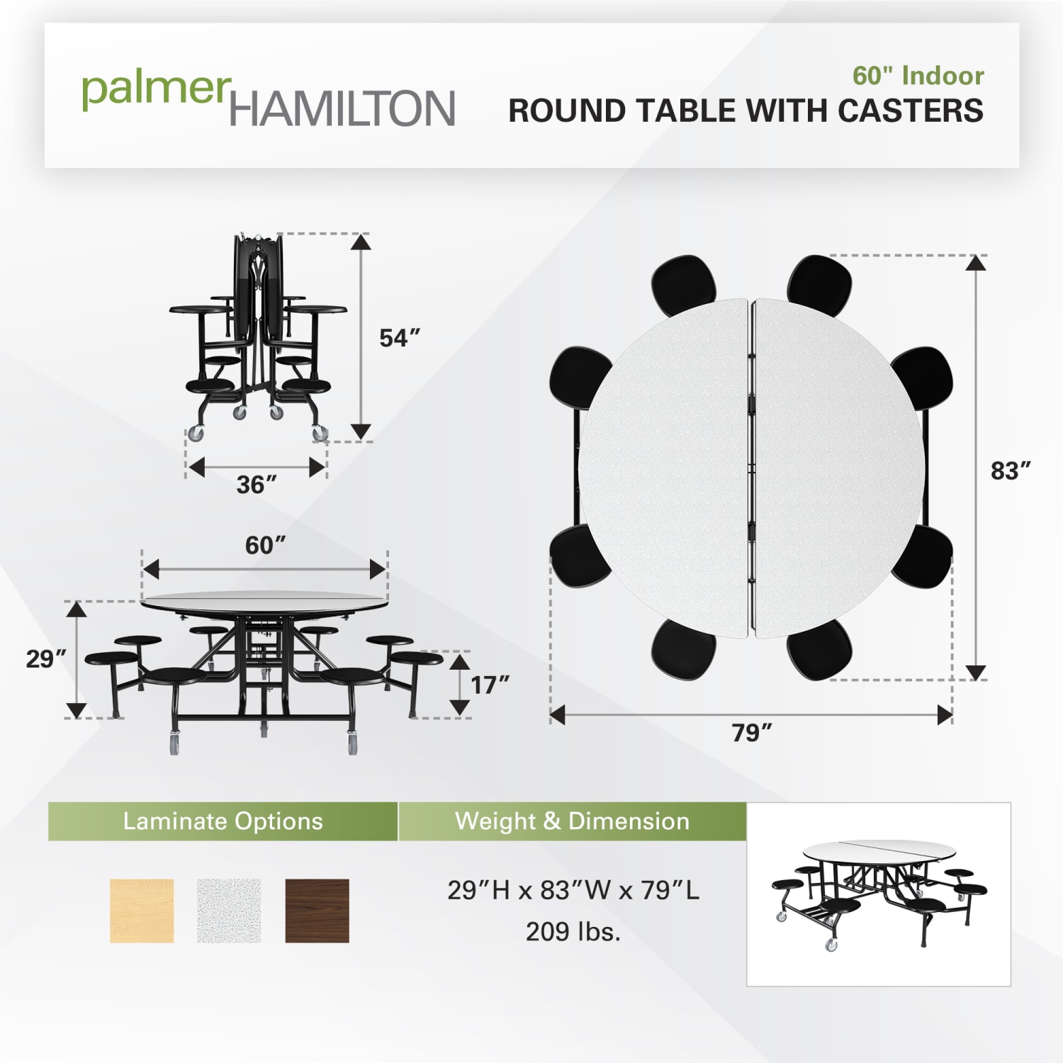 Palmer Hamilton 59T Round Mobile Cafeteria Table, 29in x 83in, Gray Glace - Image 3