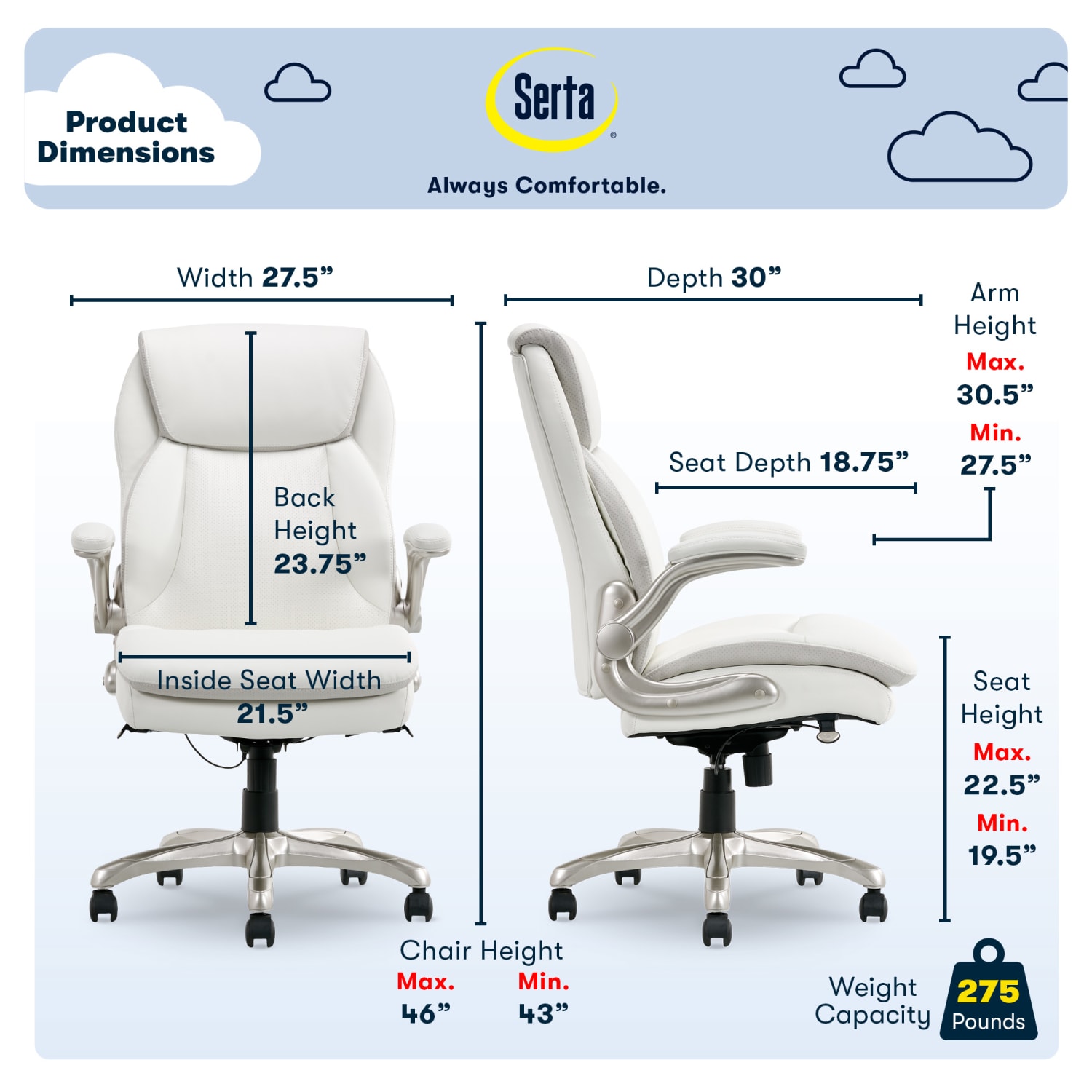 Serta Smart Layers Brinkley Ergonomic Bonded Leather High-Back Executive Office Chair, White/Silver - Image 3
