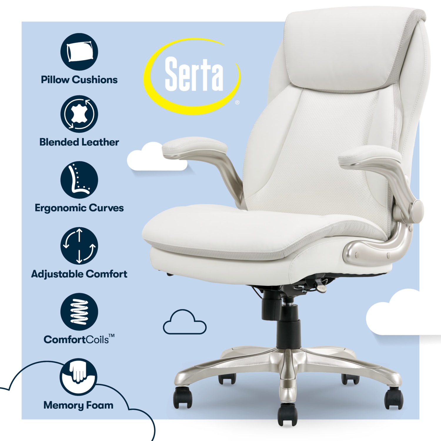 Serta Smart Layers Brinkley Ergonomic Bonded Leather High-Back Executive Office Chair, White/Silver - Image 4