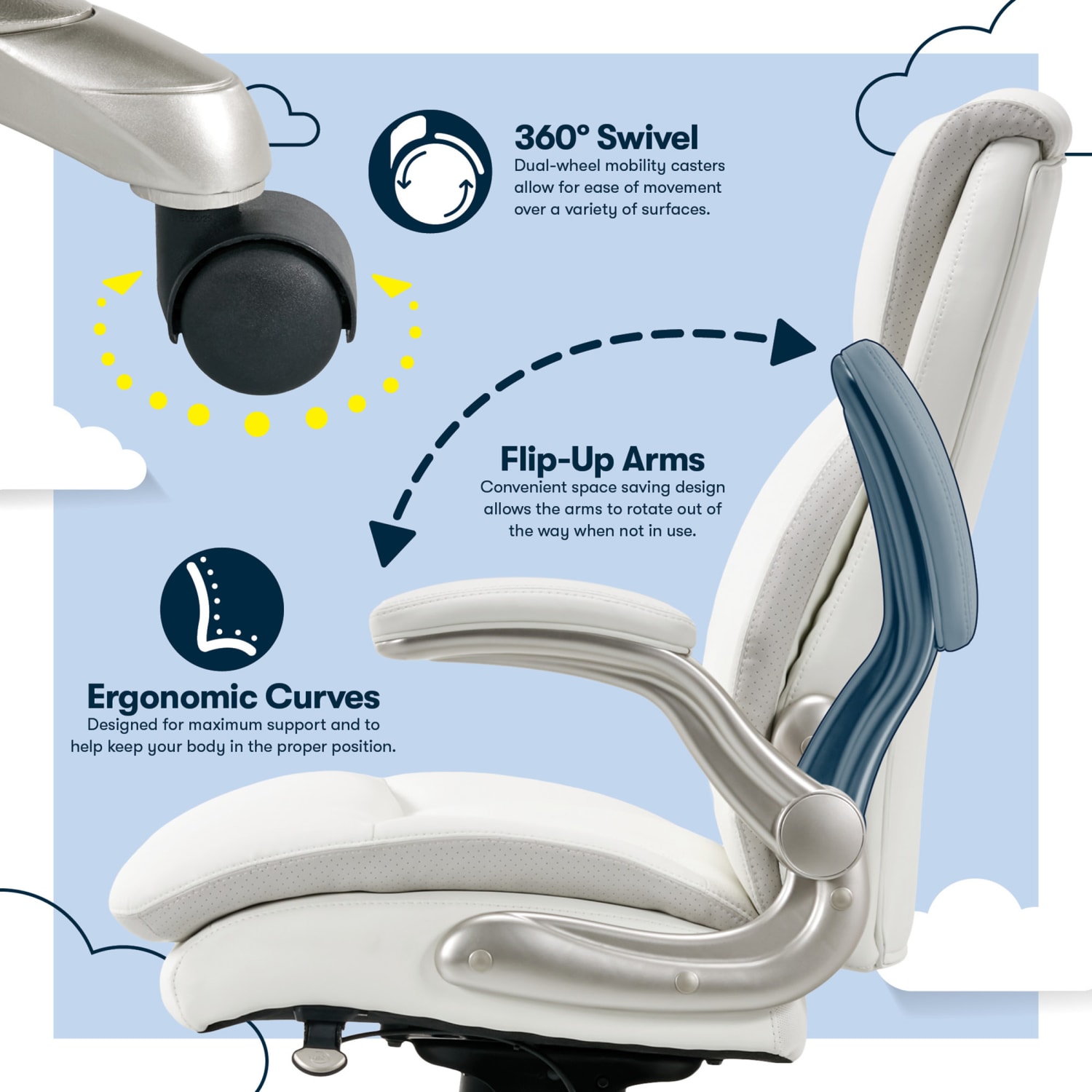 Serta Smart Layers Brinkley Ergonomic Bonded Leather High-Back Executive Office Chair, White/Silver - Image 5