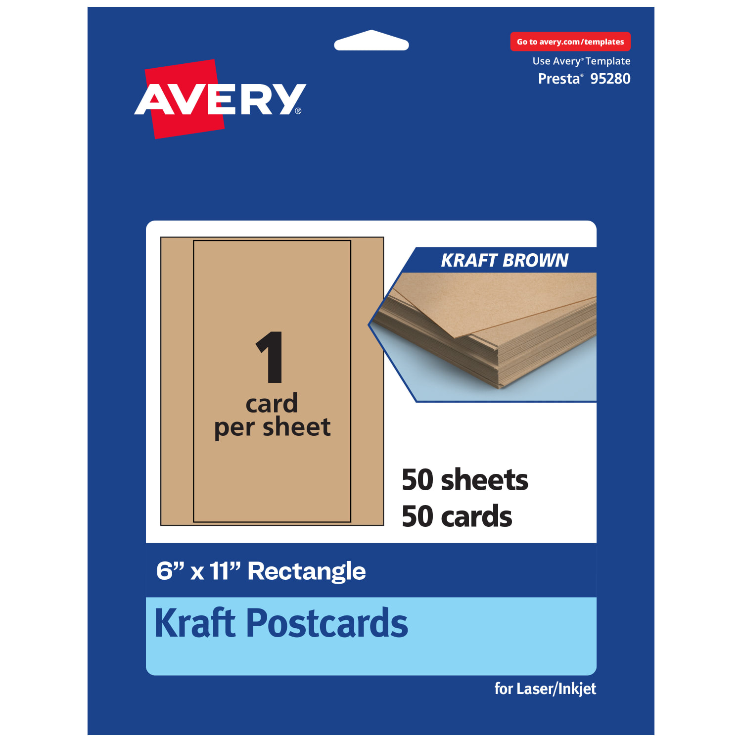 Avery Printable Postcards, 95280-KMC50, Rectangle, 6in x 11in, Kraft Brown, Pack Of 50