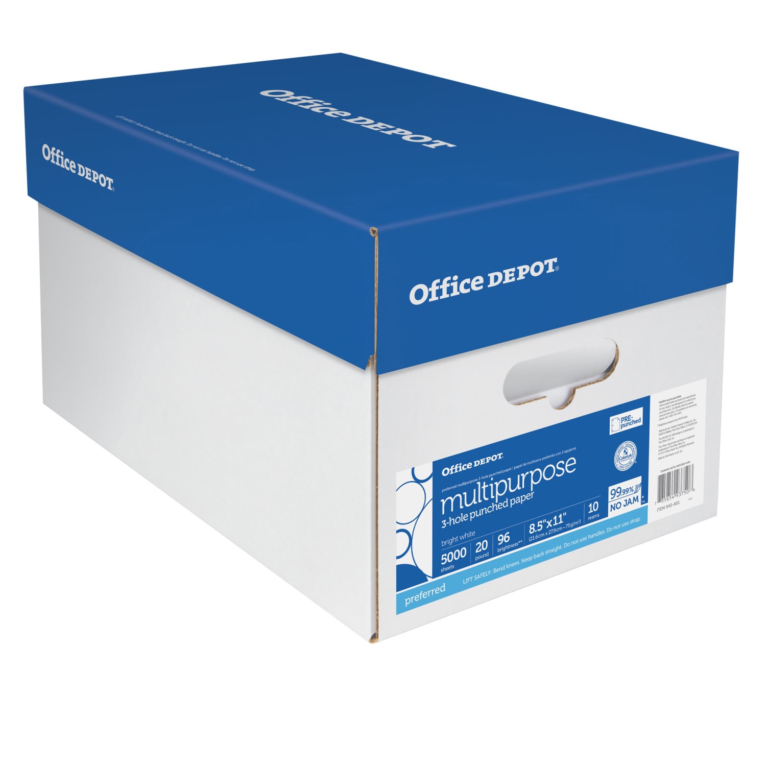 Office Depot 3-Hole Punched Multi-Use Printer & Copy Paper, 10 Reams, White, Letter (8.5in x 11in), 5000 Sheets Per Case, 20 Lb, 96 Brightness