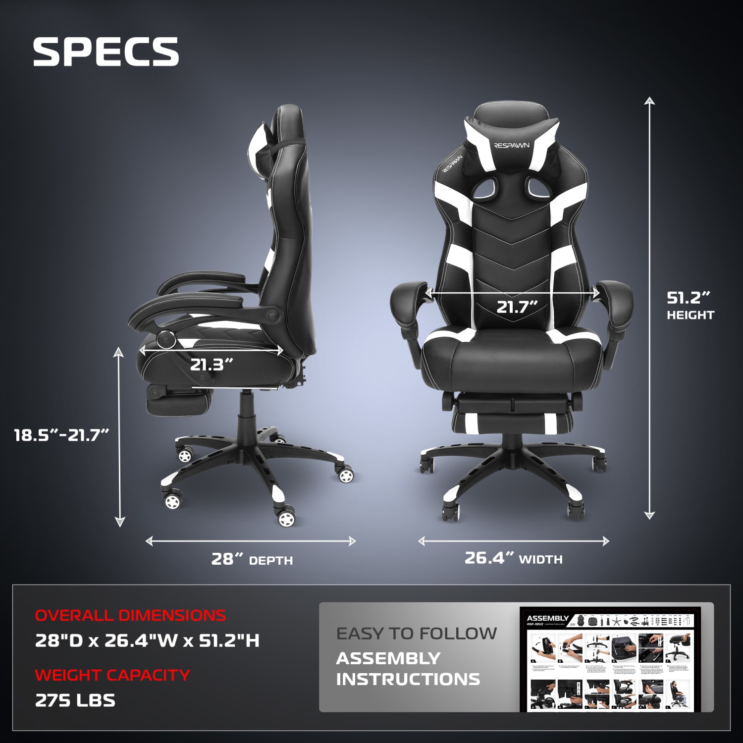 RESPAWN 110 Pro Gaming Chair With Footrest  Headrest Pillow White RSP110V2WHT PopularChairscom