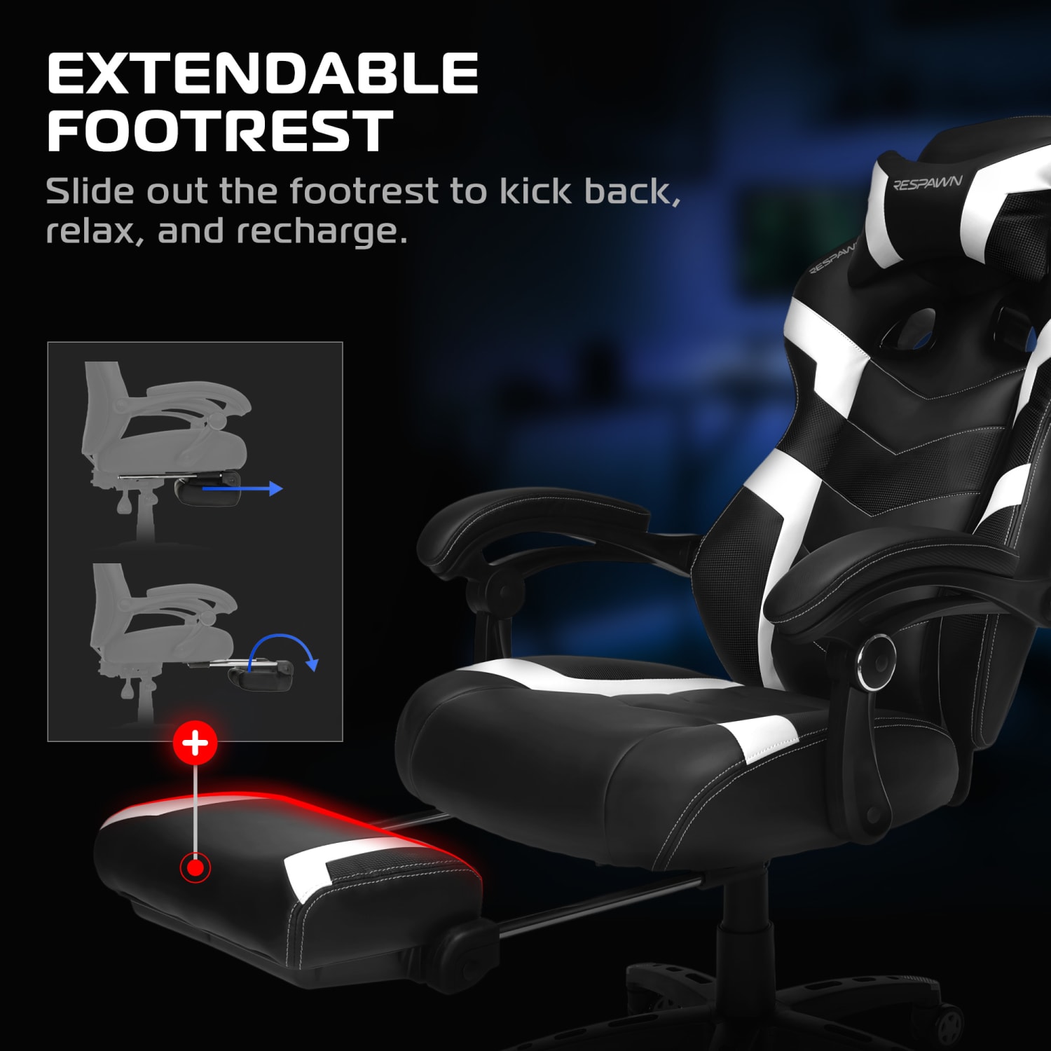 RESPAWN 110 Pro Gaming Chair With Footrest  Headrest Pillow White RSP110V2WHT PopularChairscom