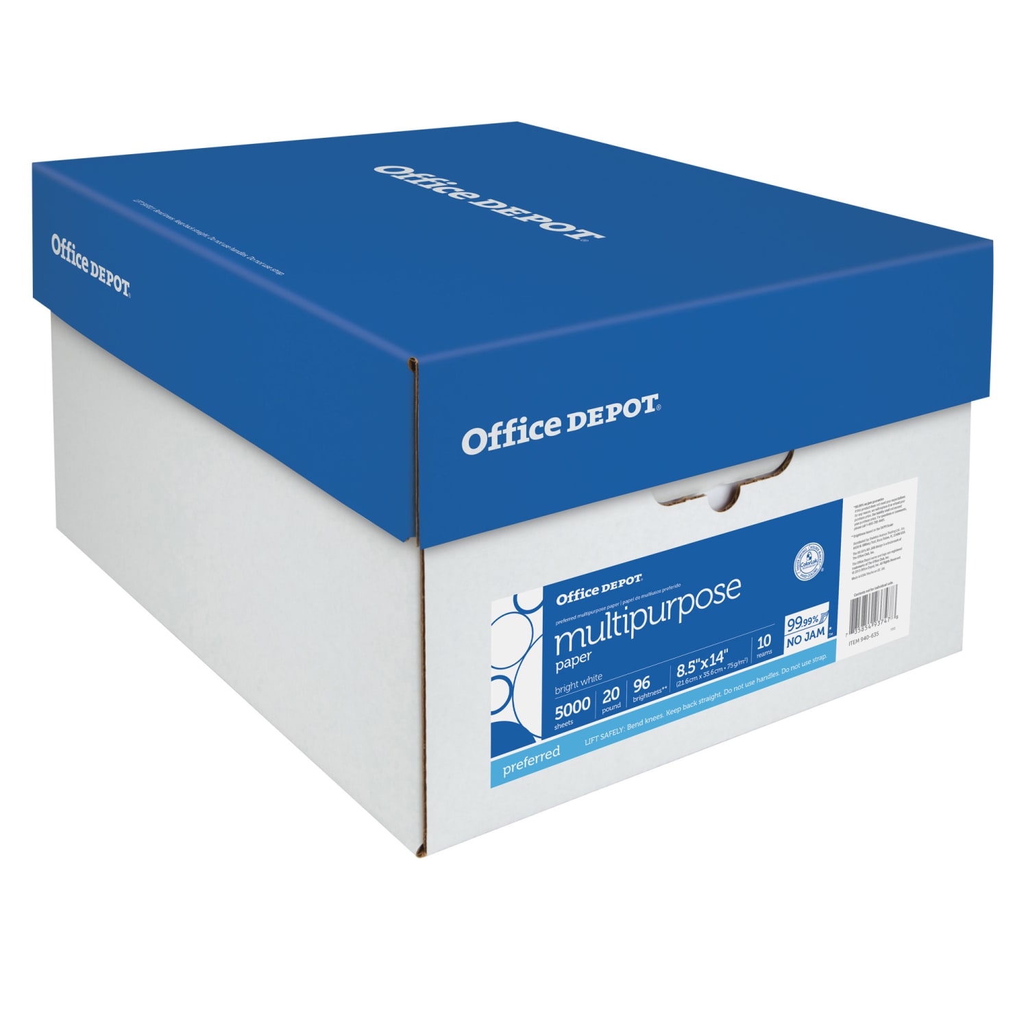 Office Depot Multi-Use Printer & Copy Paper, 10 Reams, White, Legal (8.5in x 14in), 5000 Sheets Per Case, 20 Lb, 96 Brightness
