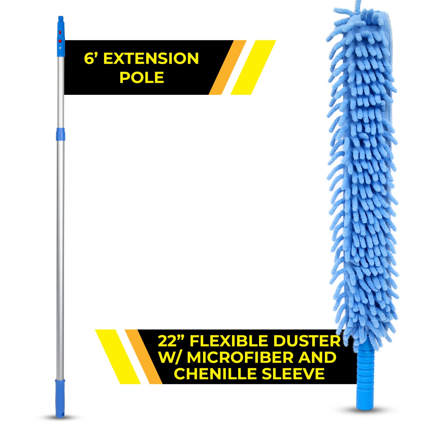 Gritt Commercial 22in Flexible Wand Duster With Microfiber And Chenille Sleeve And 6ft Telescopic Pole, Blue - Image 4