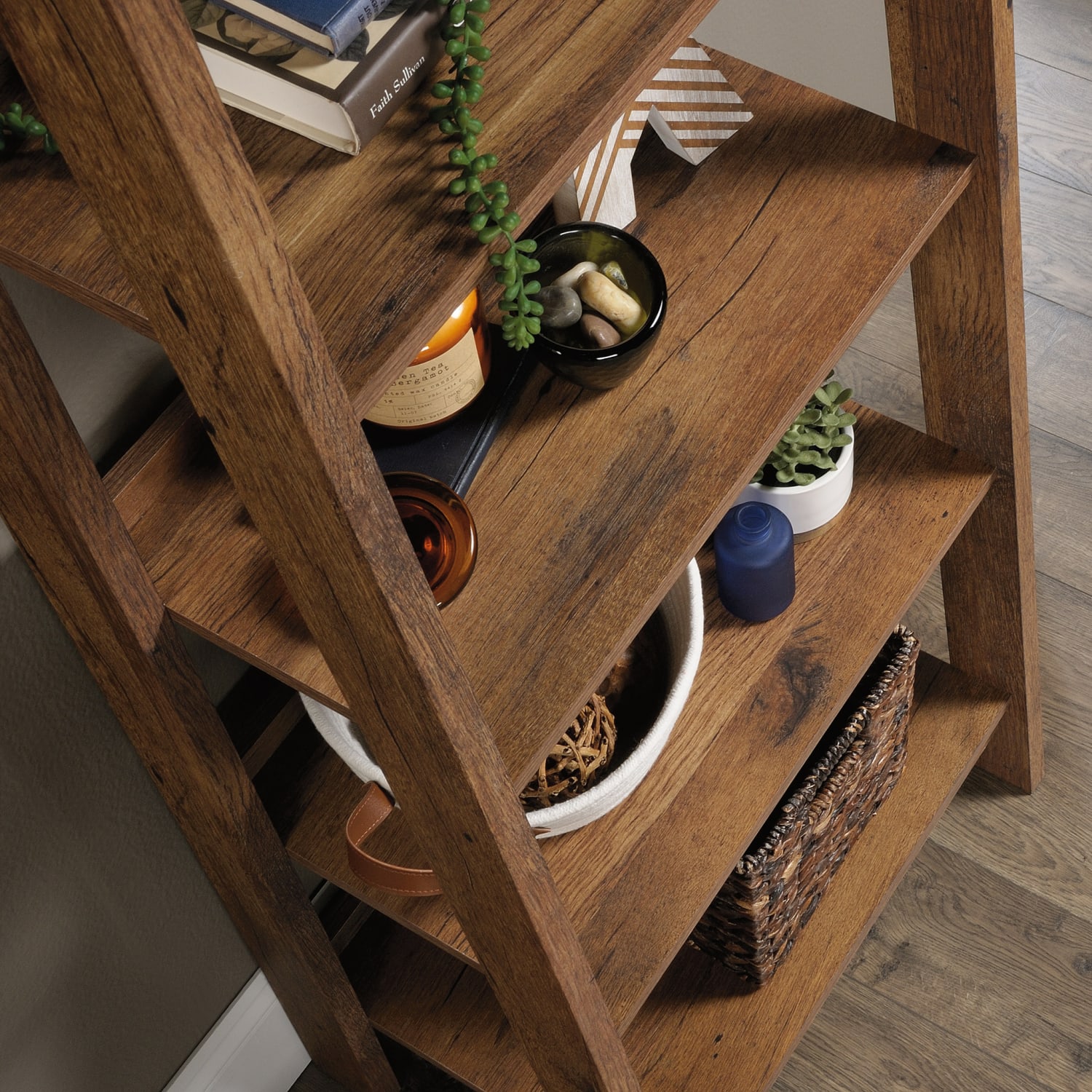 Sauder Trestle 72inH 5-Shelf Bookcase, Vintage Oak - Image 4