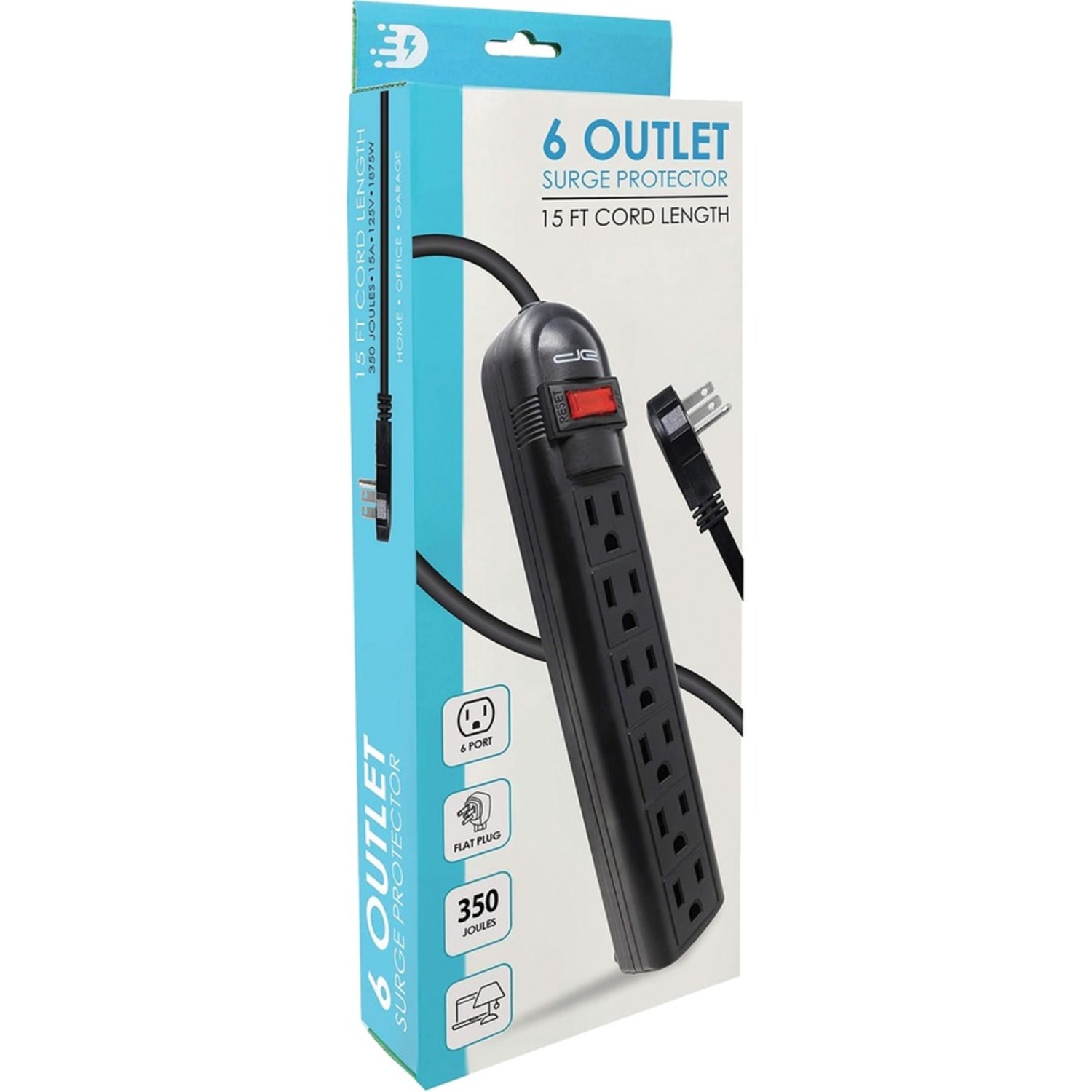 Digital Energy World 6-Outlet Surge Protector Power Strip (Black, 15-Foot Cord) - 6 x AC Power - 1875 VA - 350 J - 120 V AC Input - Image 3