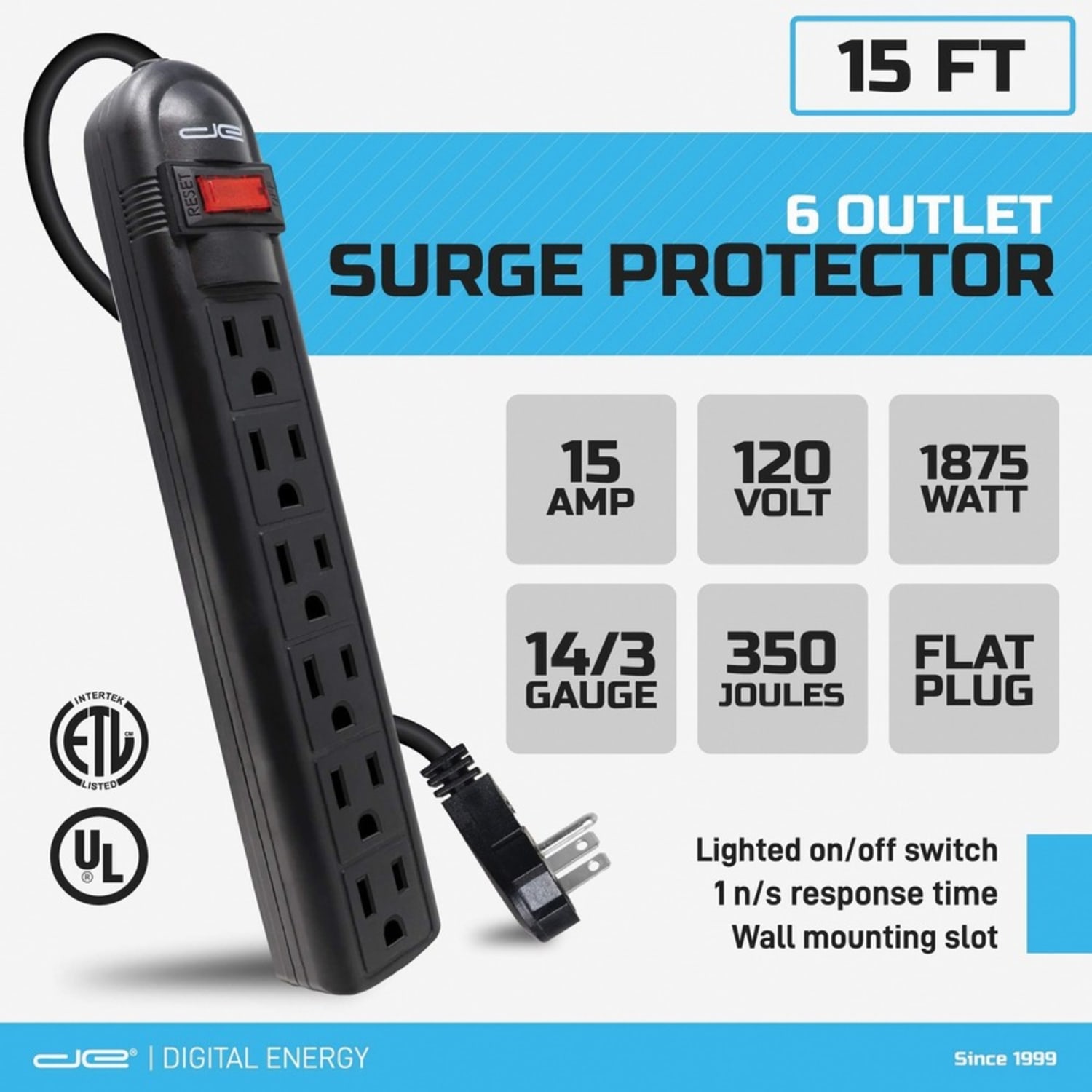 Digital Energy World 6-Outlet Surge Protector Power Strip (Black, 15-Foot Cord) - 6 x AC Power - 1875 VA - 350 J - 120 V AC Input - Image 4
