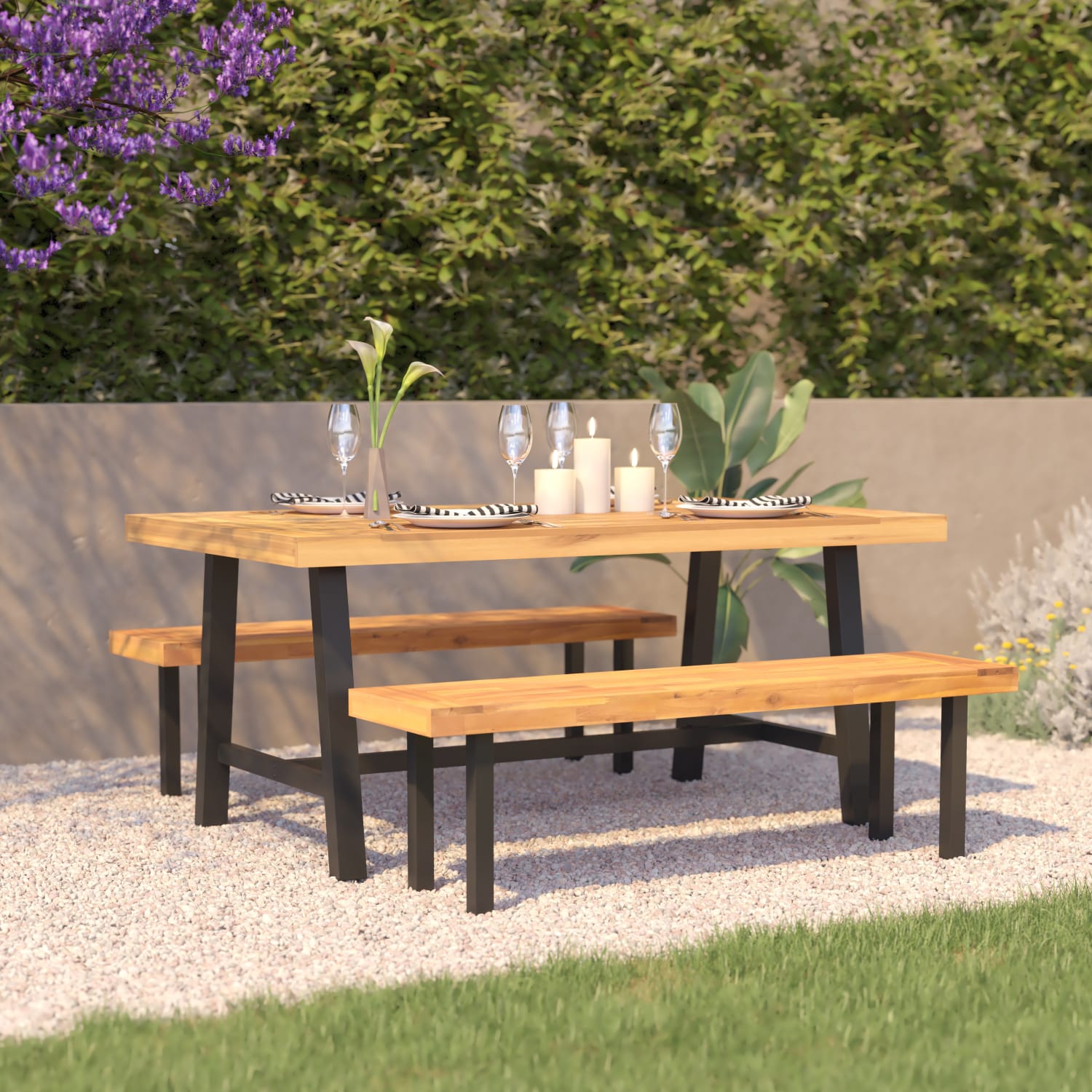 Flash Furniture Rafe Commercial Grade Acacia Wood Dining Table With Metal Base, 29-1/2inH x 39-1/2inW x 67inD, Natural/Black