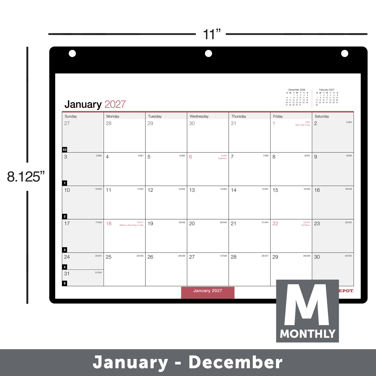 Office Depot Brand Monthly Desk Wall Calendar, 11in x 8in, White, January 2027 to December 2027, OD20120027 - Image 3