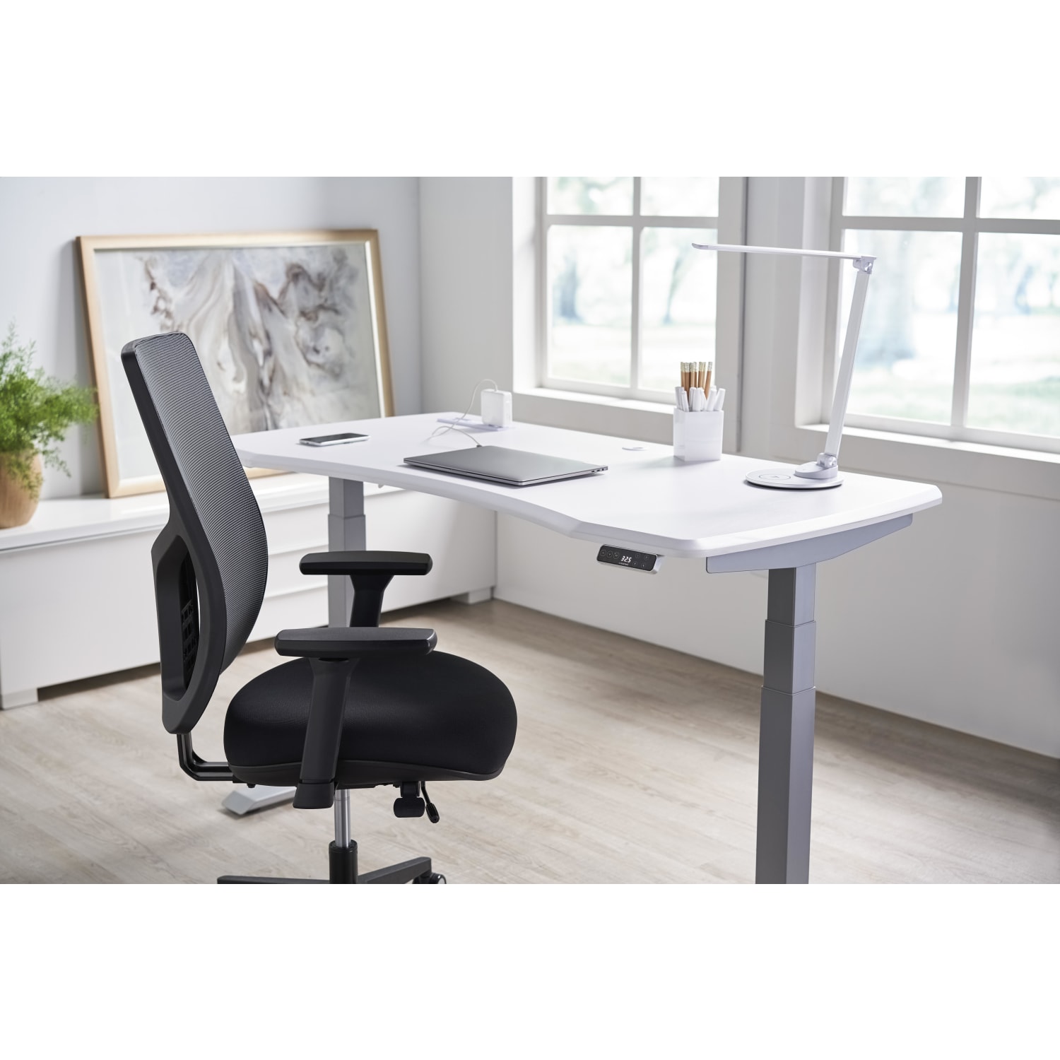 WorkPro Electric 60inW Height-Adjustable Standing Desk with Wireless Charging, White - Image 6