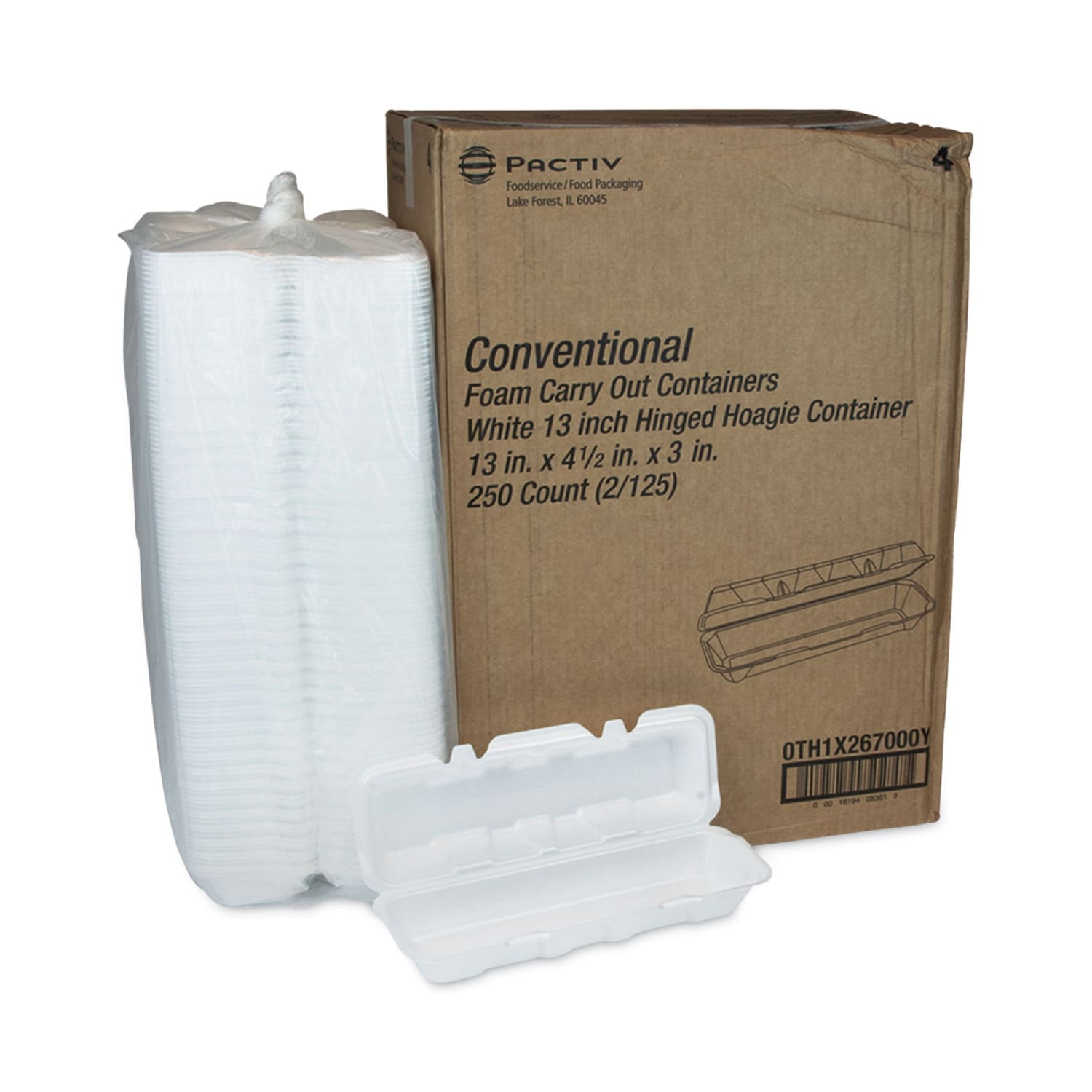 Pactiv Evergreen Foam Hinged-Lid Containers, Dual-Tab Lock, Hoagie, 4inH x 13inW x 4inD, White, Carton Of 250 Containers - Image 5