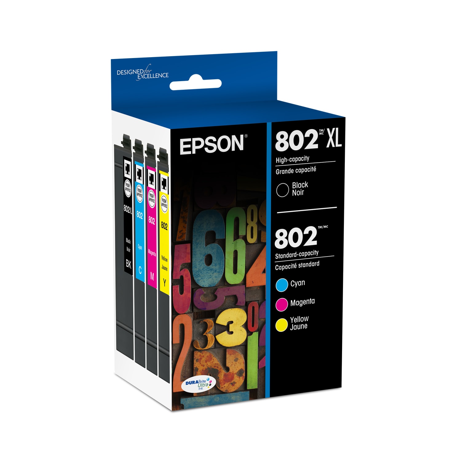 Epson 802XL Black/802 DuraBrite Cyan; Magenta; Yellow High-Yield Ink Cartridges, Pack Of 4, T802XL-BCS