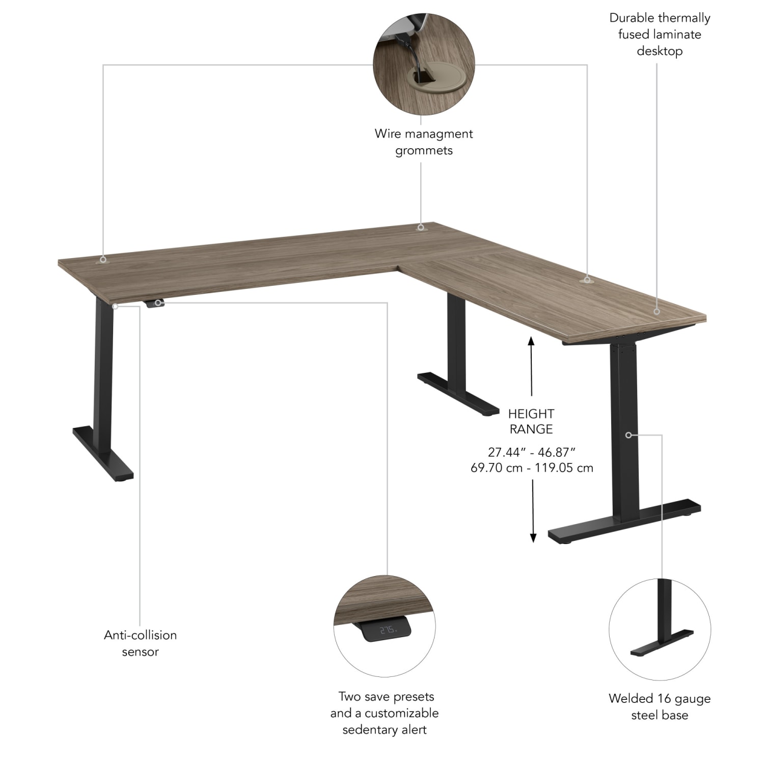 Bush Business Furniture Move 60 Series 72inW Height Adjustable L Shaped Standing Desk, Modern Hickory/Black Powder Coat, Standard Delivery - Image 4