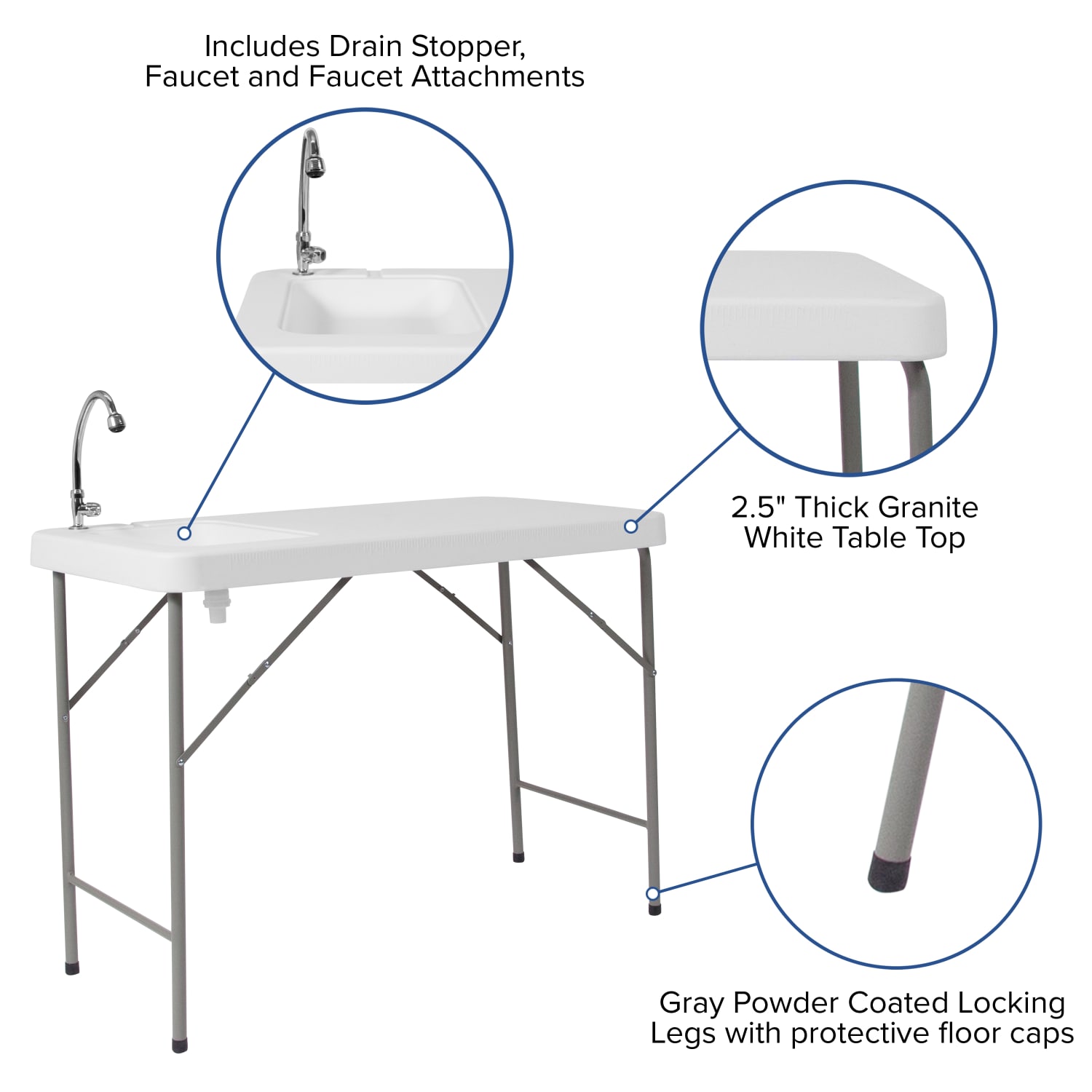 Flash Furniture Portable Fish Cleaning Table/Outdoor Camping Table And Sink, 34inH x 23inW x 45inD, Granite White/Gray - Image 6