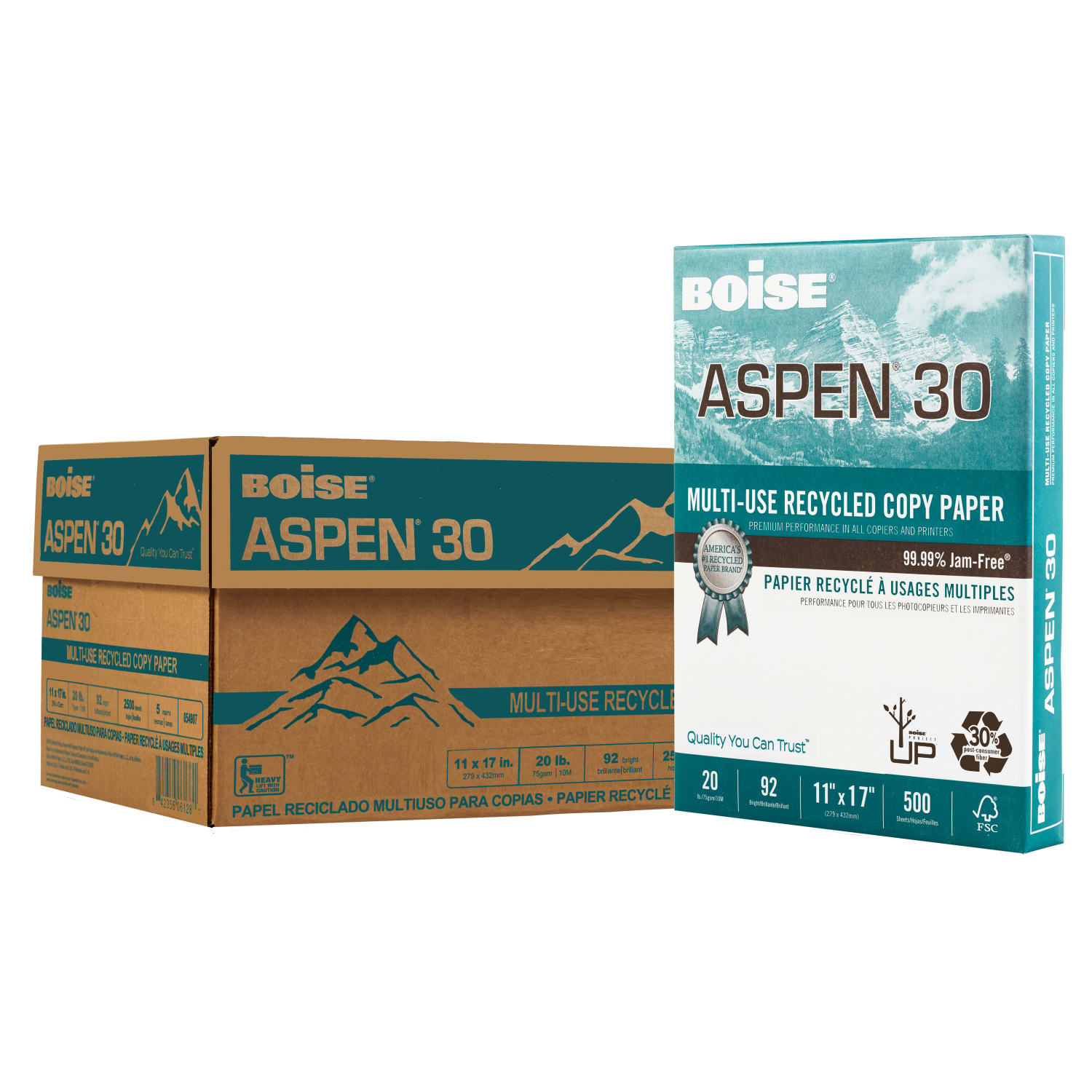 Boise ASPEN 30 Multi-Use Printer & Copy Paper, 5 Reams, White, Ledger (11in x 17in), 2500 Sheets Per Case- 054907-CTN