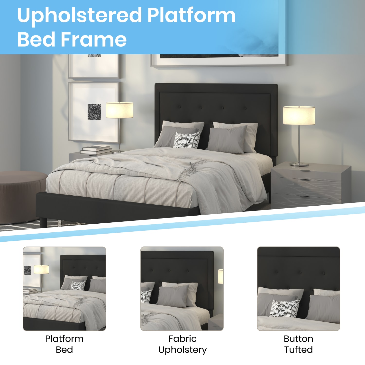 Flash Furniture Roxbury Tufted Upholstered Platform Bed with 10in , Full, 50-3/4inHx59inWx81inL, Black - SLBM1022 - Image 5