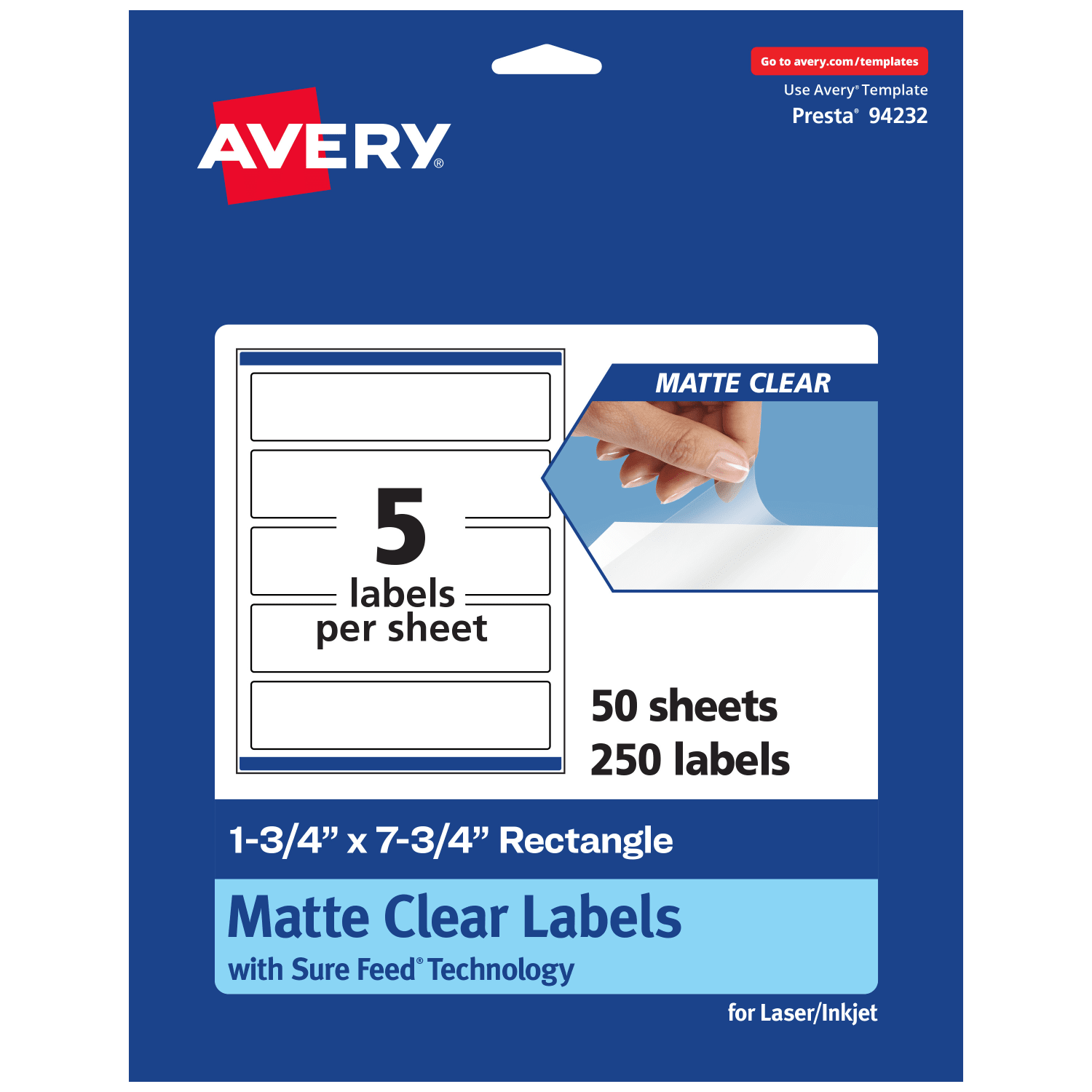Avery Permanent Labels With Sure Feed, 94232-CMF50, Rectangle, 1-3/4in x 7-3/4in, Matte Clear, Pack Of 250