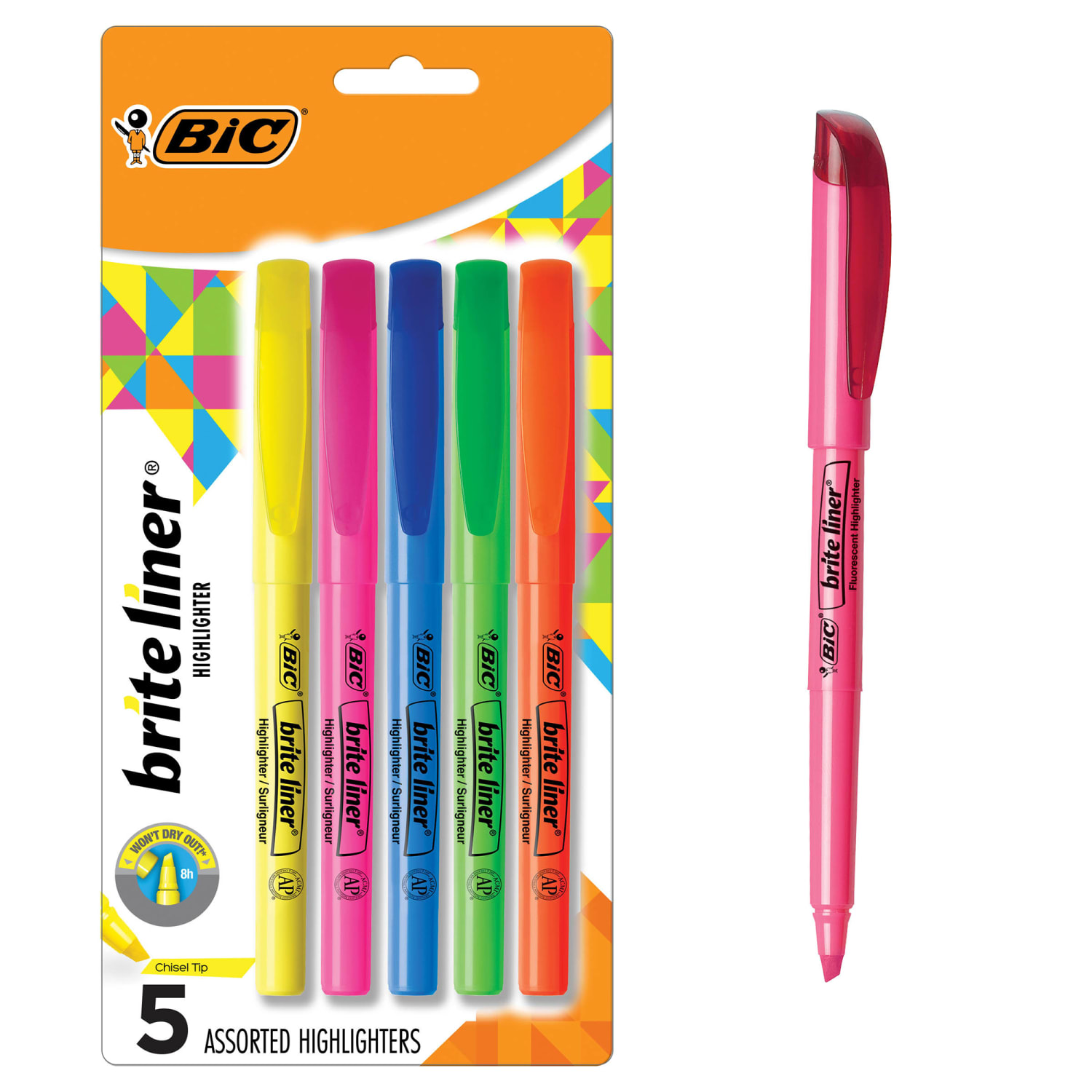 BIC Brite Liner Highlighters Pocket Style, Chisel Point, Assorted, 5-Pack