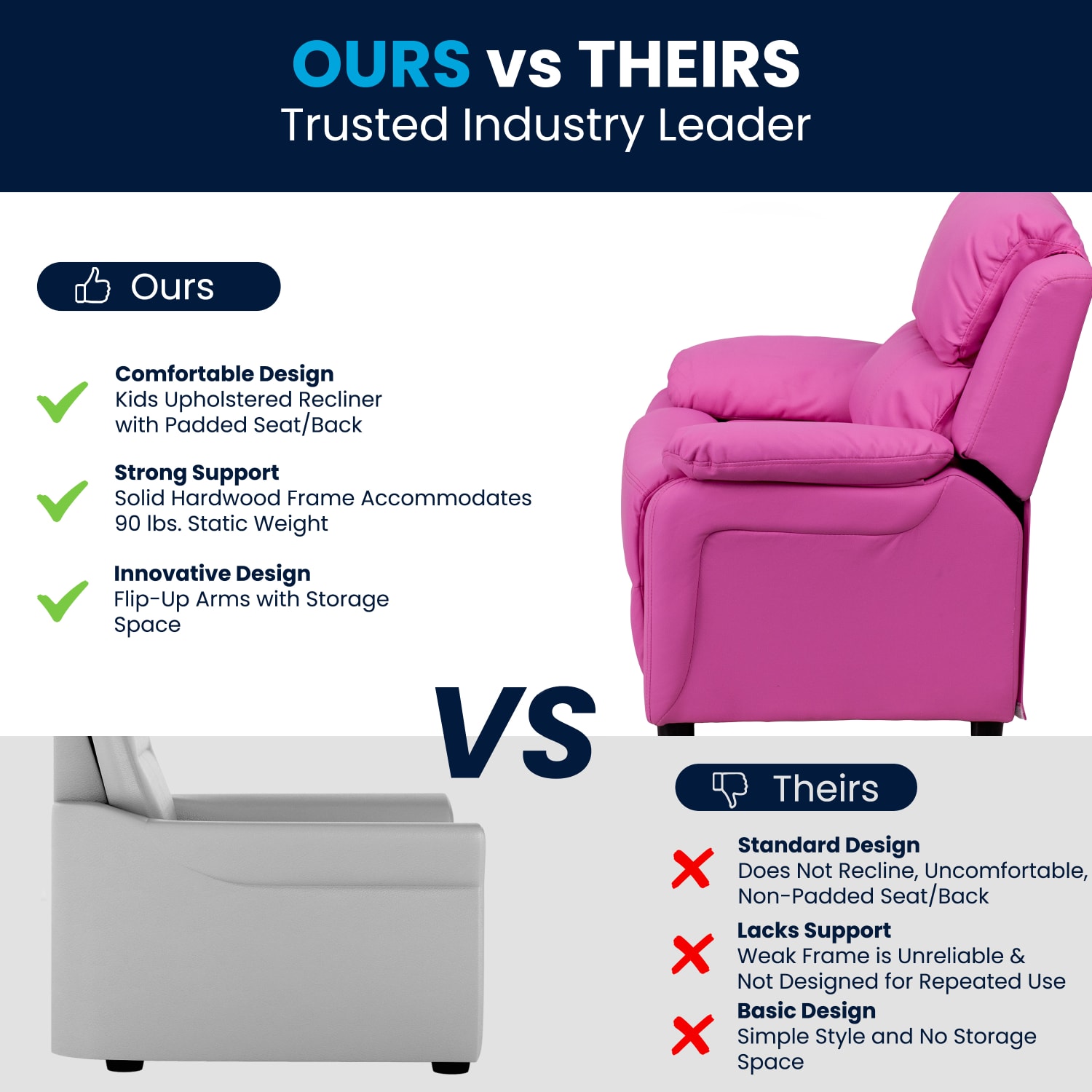 Flash Furniture Deluxe Padded Contemporary Vinyl Kids Recliner Accent Chair With Storage Arms, Hot Pink - Image 4