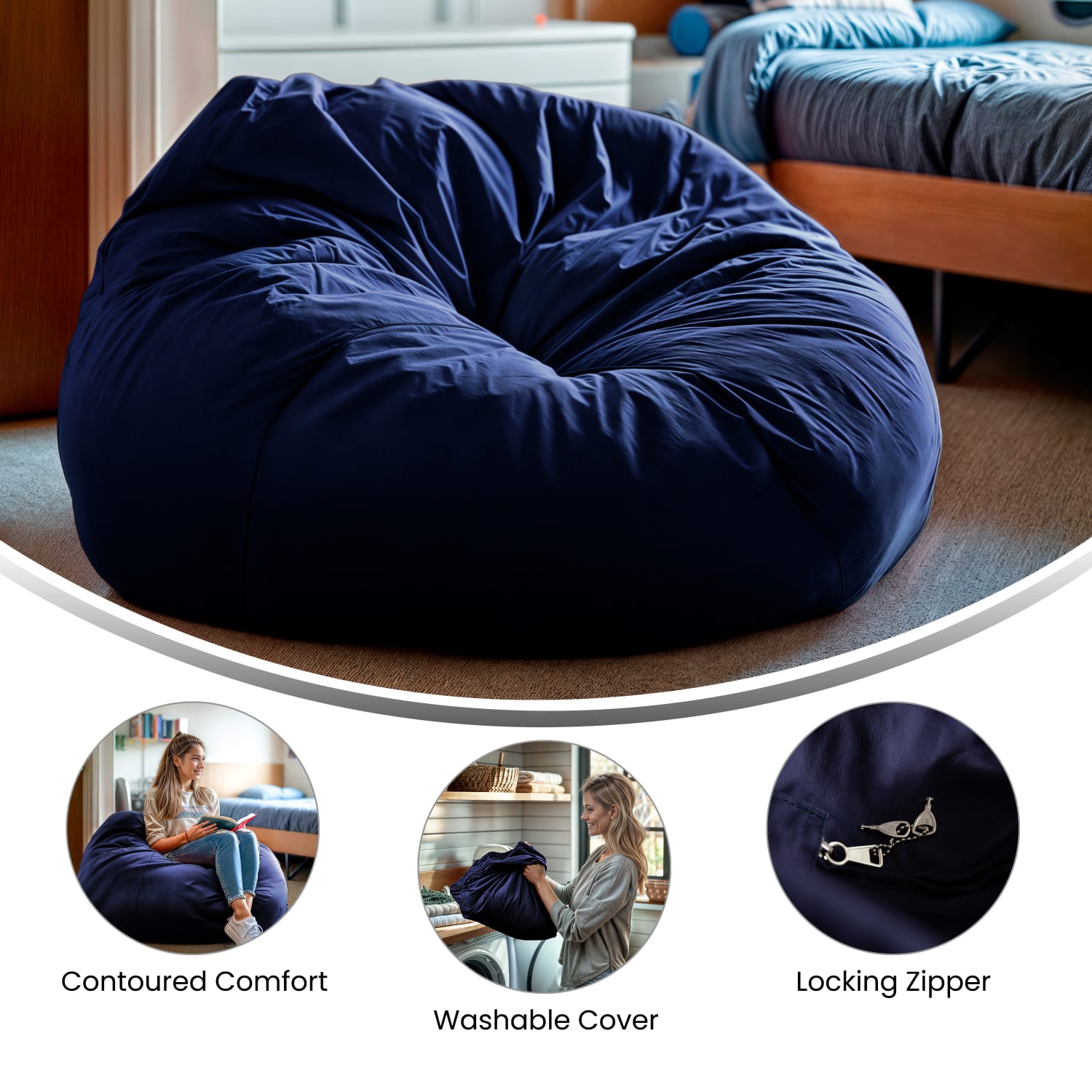 Flash Furniture Oversized Bean Bag Chair For Kids And Adults, Navy Blue - Image 5
