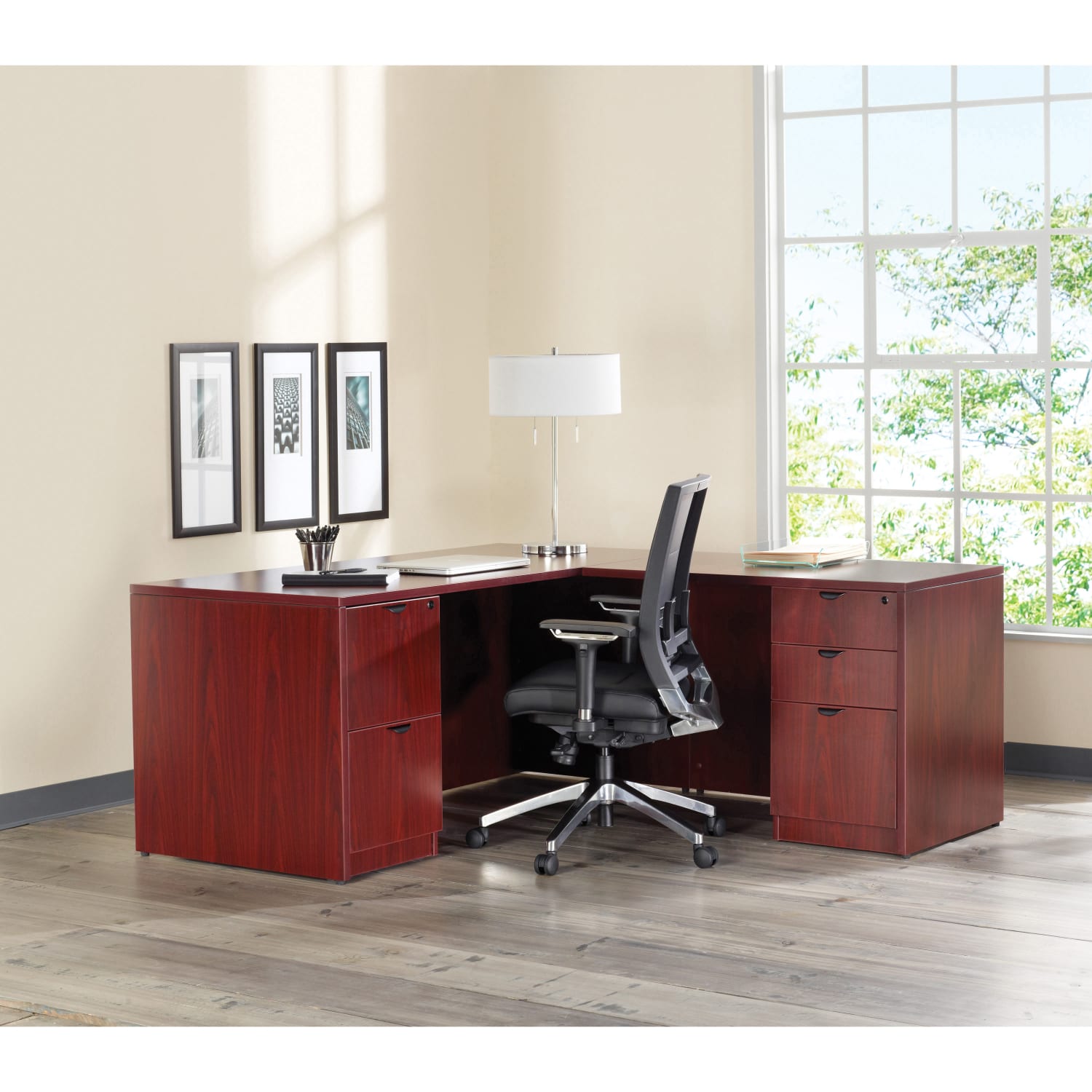 Lorell Prominence 2.0 72inW Bow-front Double-Pedestal Computer Desk, Mahogany - Image 5