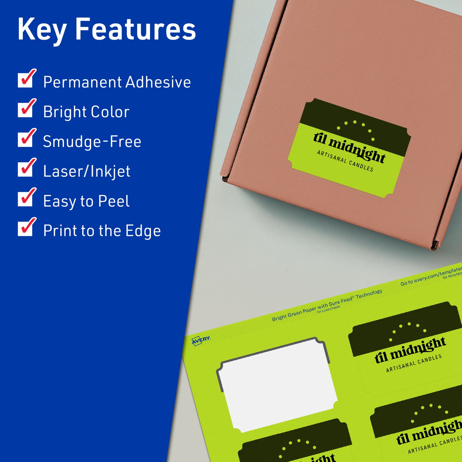 Avery Print-To-The-Edge Labels With Sure Feed Technology, 94267-BGP10, Rectangle Scalloped, 2in x 3in, Matte Bright Green, Pack of 80 - Image 3