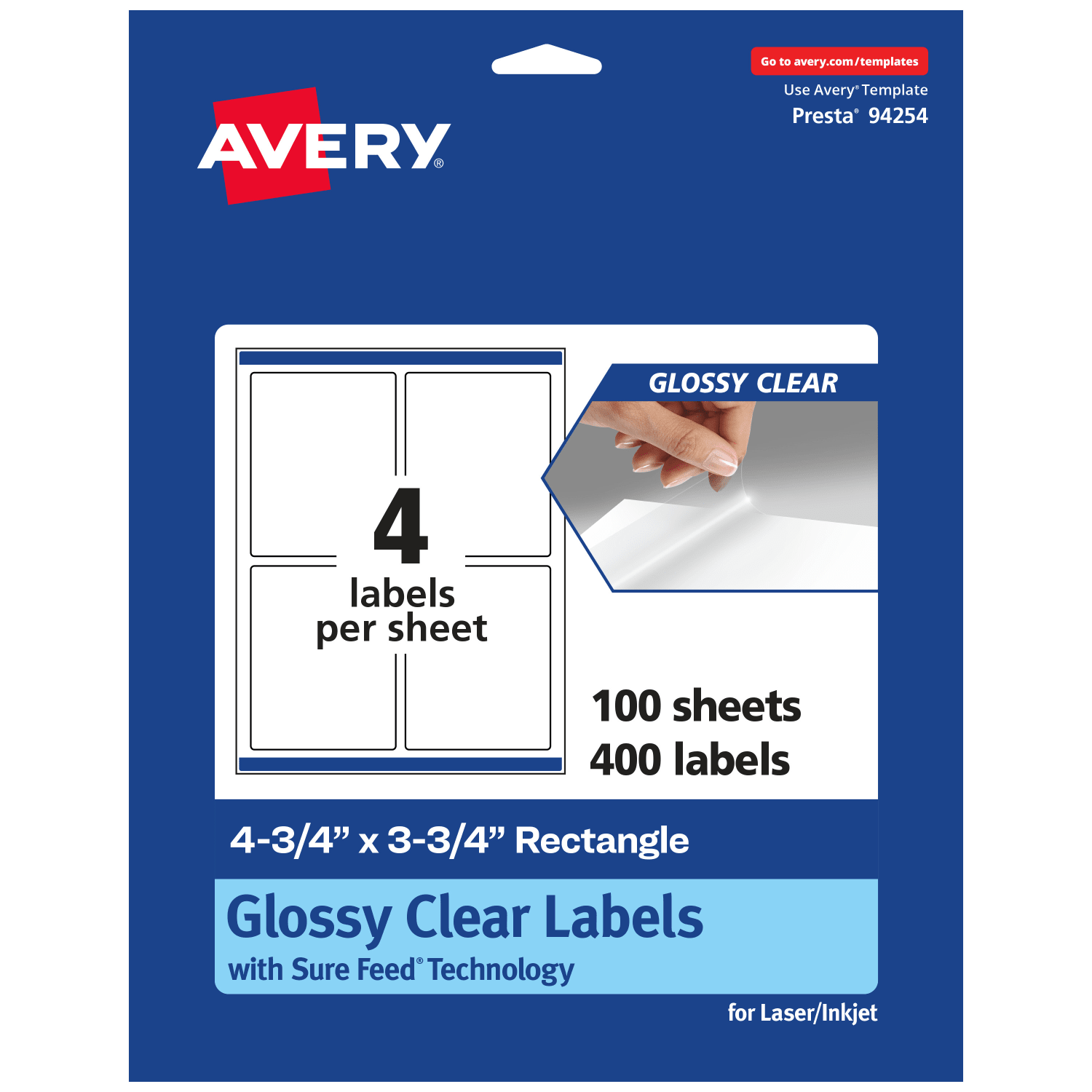 Avery Glossy Permanent Labels With Sure Feed, 94254-CGF100, Rectangle, 4-3/4in x 3-3/4in, Clear, Pack Of 400