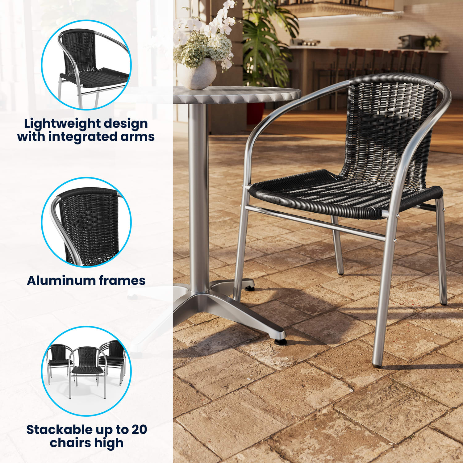Flash Furniture Lila Rattan Commercial Indoor/Outdoor Restaurant Stack Chairs, Black/Gray, Set Of 4 Chairs - Image 5