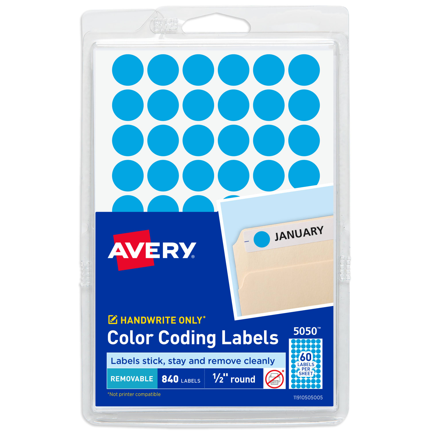 Avery Color-Coding Removable Labels, 5050, Round, 1/2 Inch Diameter, Light Blue, Pack Of 840 Non-Printable Dot Stickers - Image 3