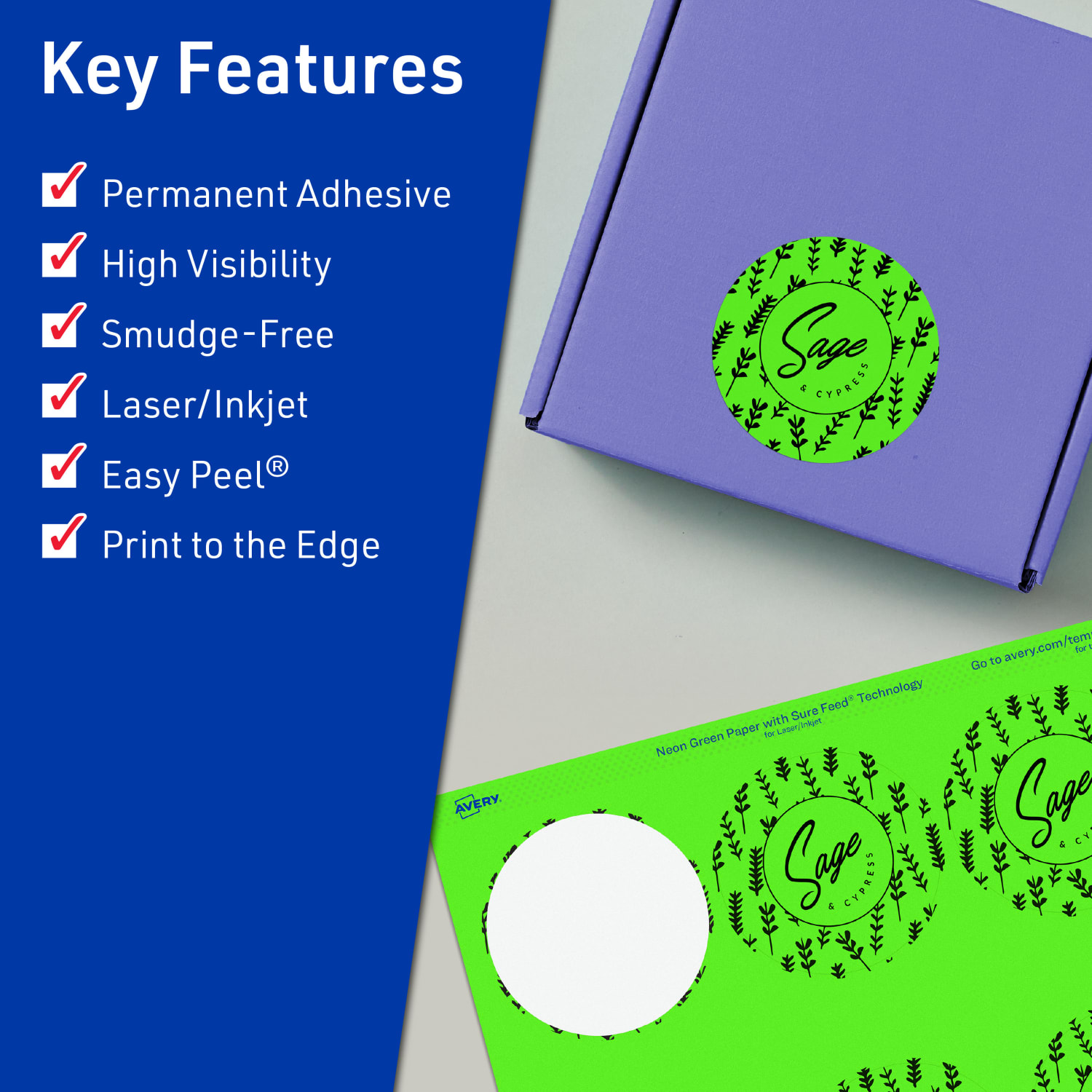 Avery Print-To-The-Edge Labels With Sure Feed Technology, 94512-NGP80, Round, 2-3/4in, Matte Neon Green, Pack of 480 - Image 3