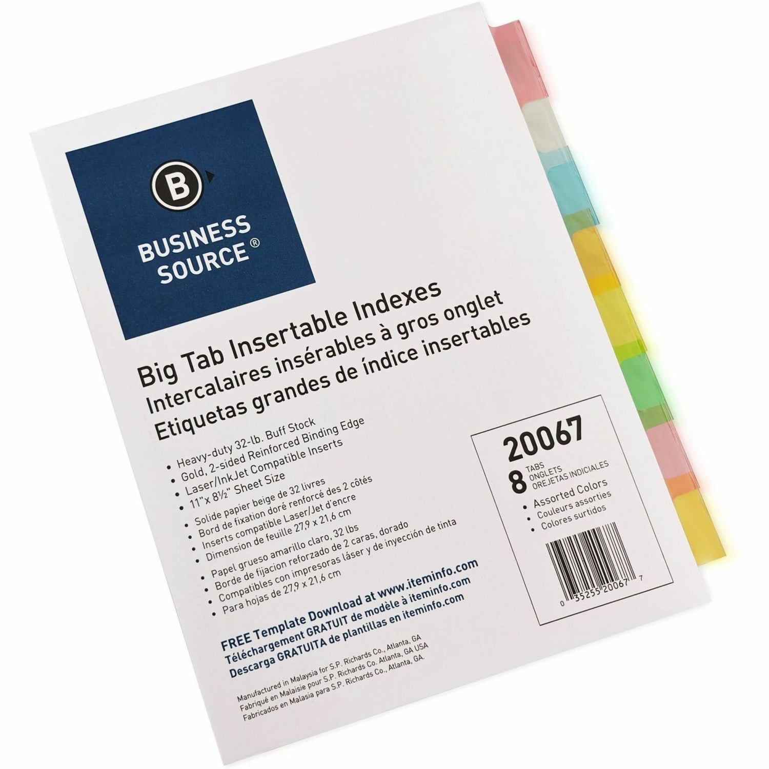 Business Source Reinforced Insertable Tab Indexes - 8 x Divider(s) - 8 Tab(s)/Set1.50in Tab Width - 8.5in Divider Width x 11in Divider Length - Letter - 3 Hole Punched - Buff Divider - Manila Tab(s) - Image 3