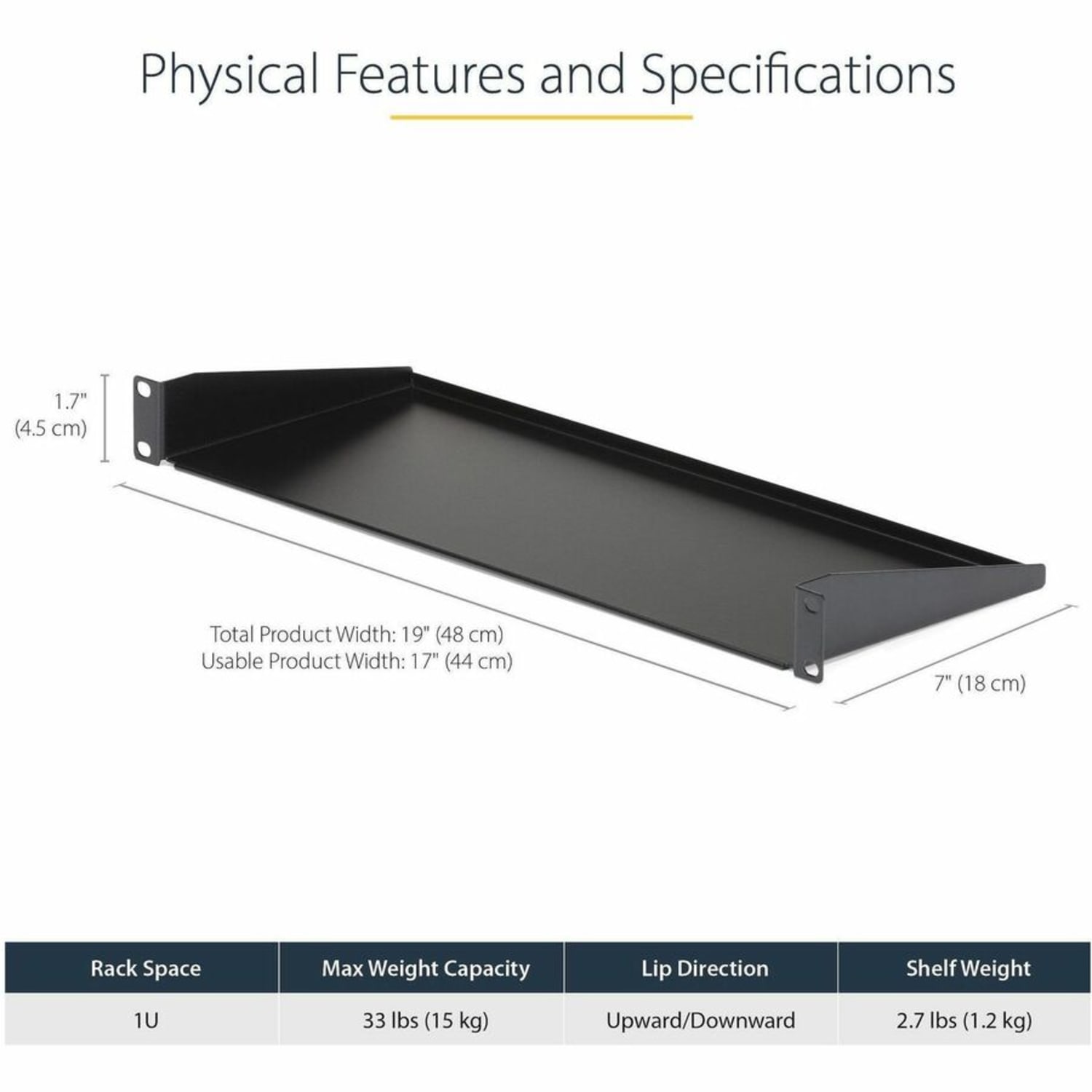 StarTech.com 1U Server Rack Cabinet Shelf - Fixed 7in Deep Cantilever Rackmount Tray for 19in Data/AV/Network Enclosure w/cage nuts, screws - Image 4