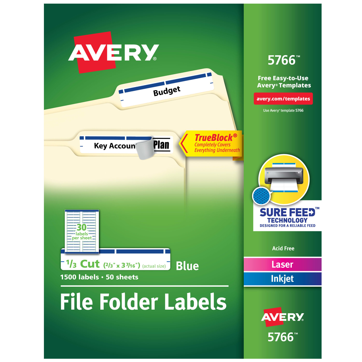 Avery TrueBlock File Folder Labels With Sure Feed Technology, 5766, Rectangle, 2/3in x 3-7/16in, White/Blue, Pack Of 1,500