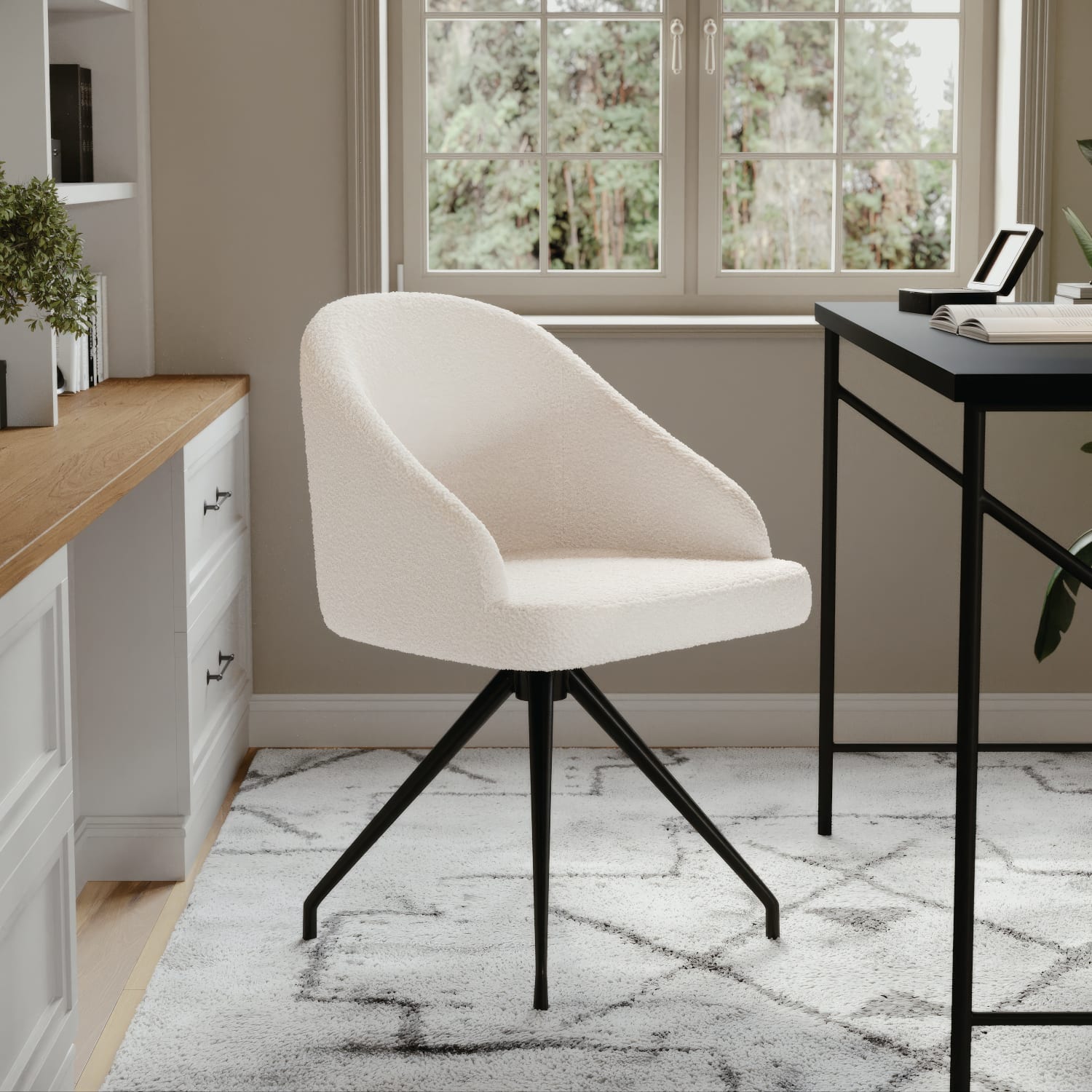Martha Stewart Sora Upholstered Mid-Back Stationary Office Task Chair, Boucle, White/Oil-Rubbed Bronze