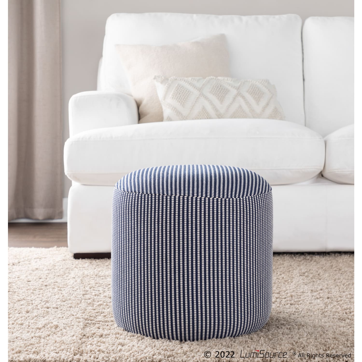 LumiSource Round Pouf Ottoman, 16-1/4inH x 16inW x 16inD, Knitted Blue/White - Image 6