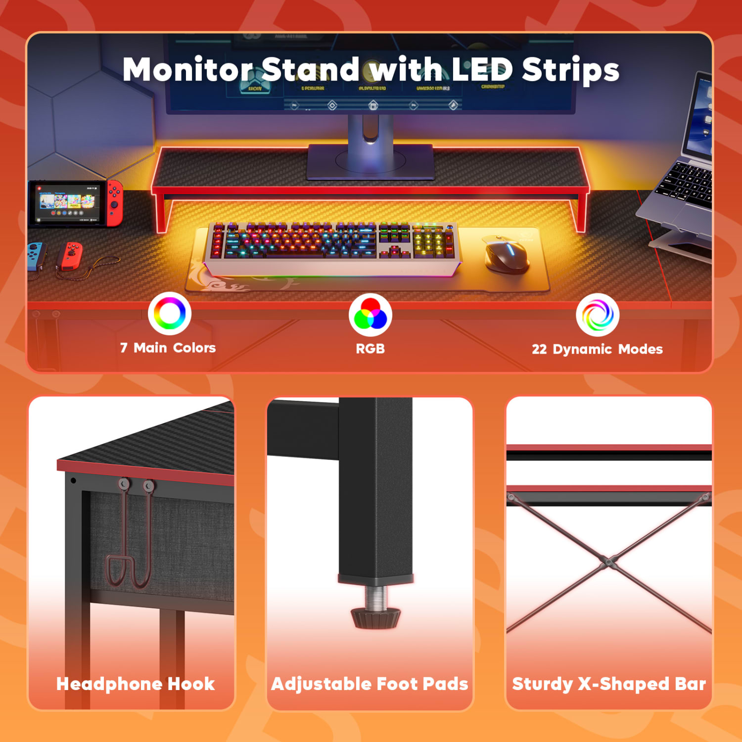 Bestier 62inW Reversible Computer Desk With Storage Drawer And LED Monitor Stand, Black - Image 4