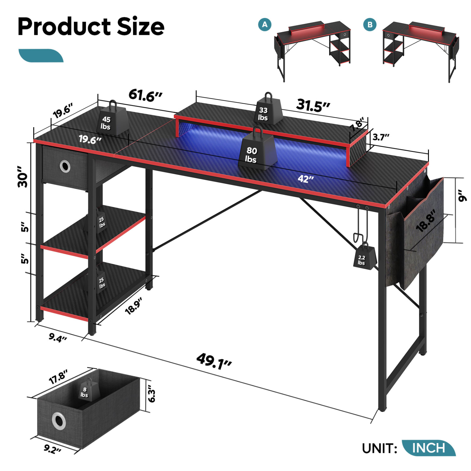 Bestier 62inW Reversible Computer Desk With Storage Drawer And LED Monitor Stand, Black - Image 5