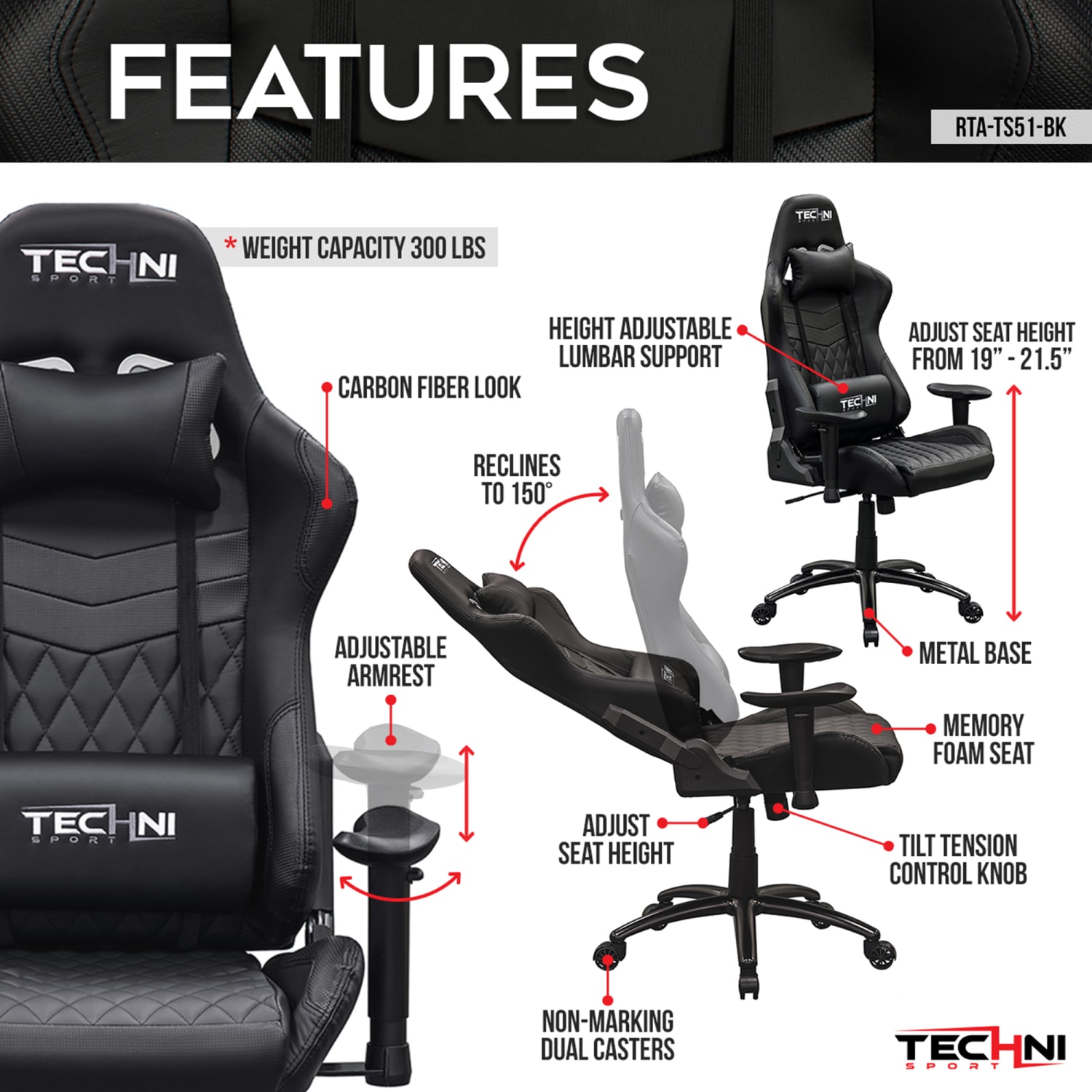 Techni Sport TS51-BK Ergonomic Faux Leather Computer Gaming Chair - Image 4