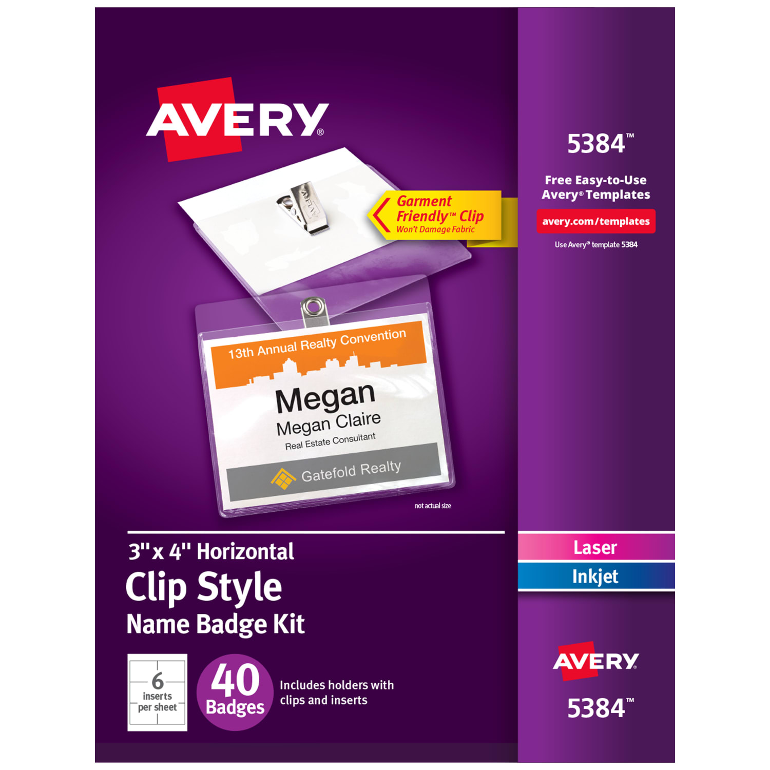 Avery Customizable Name Badges With Clips, Rectangle, 5384, 3in x 4in, Clear Name Tag Holders With White Printable Inserts, Box Of 40