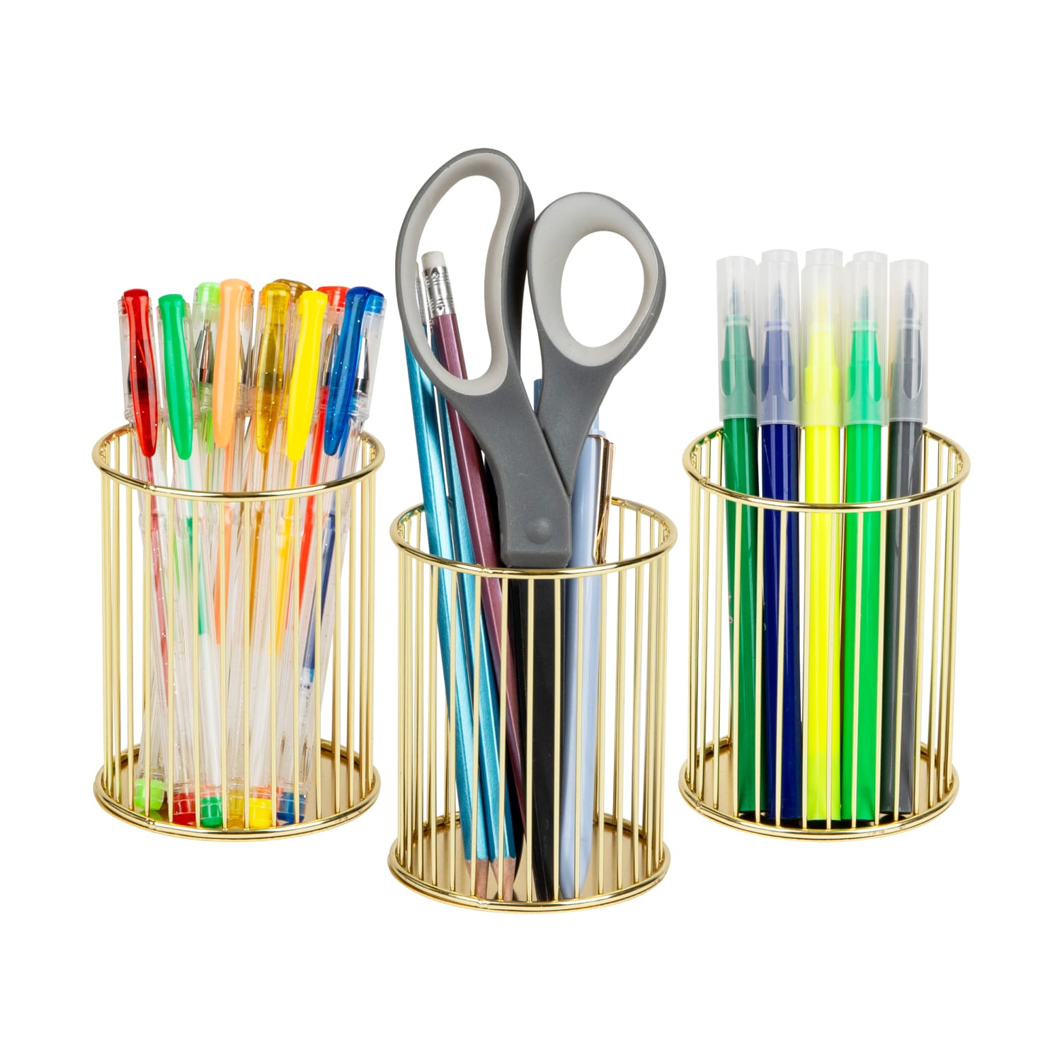 Mind Reader Pen And Accessories Holders, 4inH x 3inW x 3inD, Gold, Set Of 3 Holders