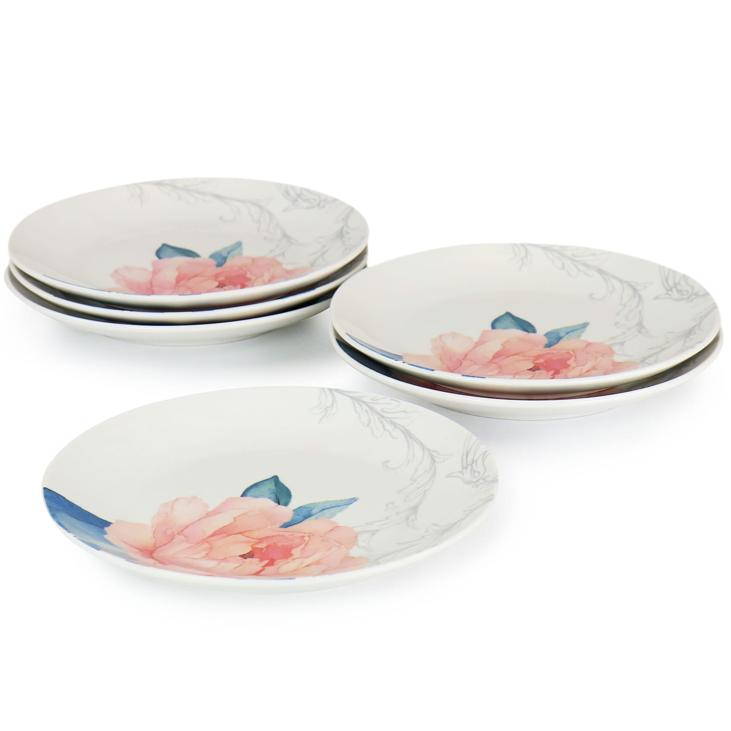 Martha Stewart Fine Ceramic 6-Piece Floral Decorated Dessert Plate Set, 8in, Pink/White - Image 3