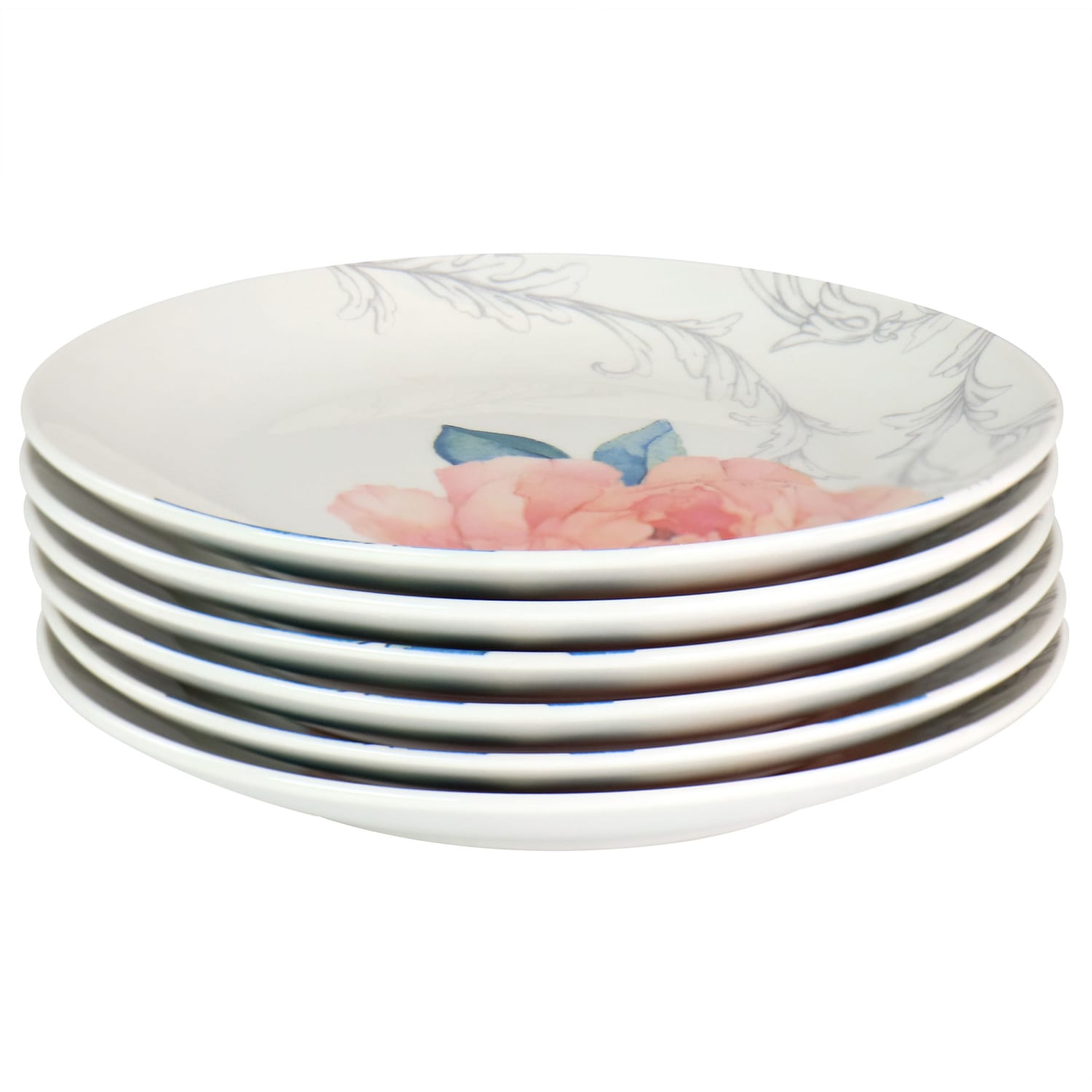 Martha Stewart Fine Ceramic 6-Piece Floral Decorated Dessert Plate Set, 8in, Pink/White - Image 5