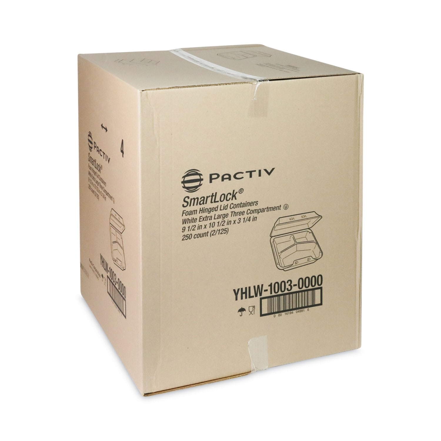 Pactiv Evergreen SmartLock Foam Hinged Lid Containers, X-Large, 3-Compartment, 3-1/4inH x 9-1/2inW x 10-1/2inD, White, Carton Of 250 Containers - Image 3