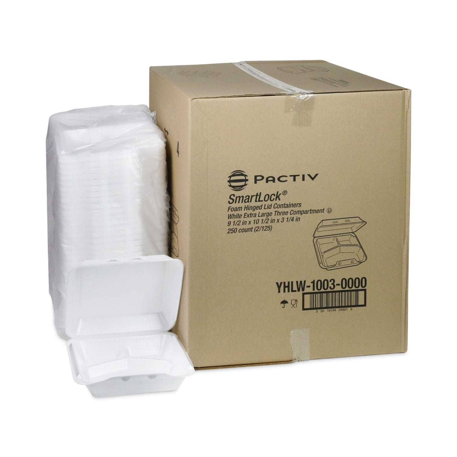 Pactiv Evergreen SmartLock Foam Hinged Lid Containers, X-Large, 3-Compartment, 3-1/4inH x 9-1/2inW x 10-1/2inD, White, Carton Of 250 Containers - Image 5