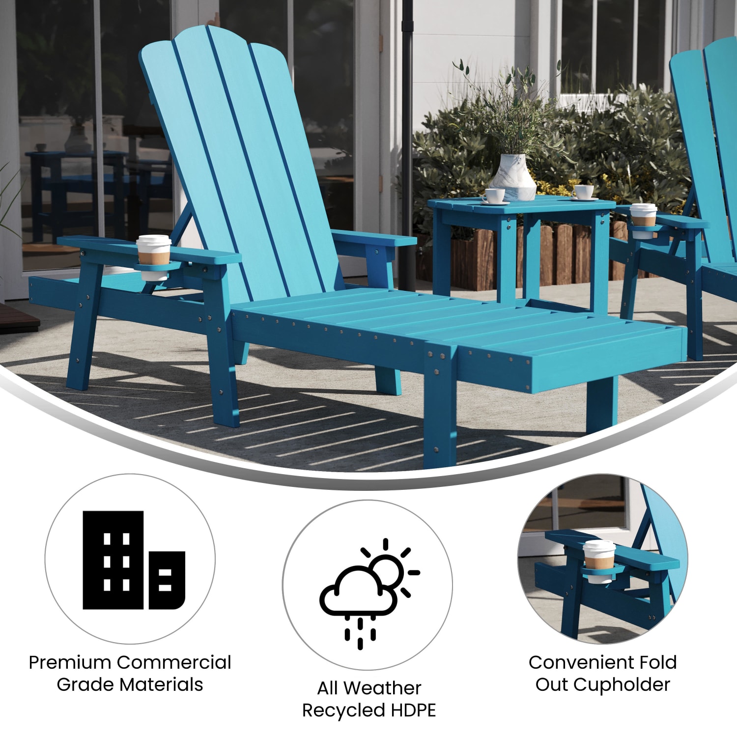 Flash Furniture Sonora Commercial Grade 3 Piece Indoor/Outdoor Adirondack Set with 2 Adjustable HDPE Loungers with Cup Holders and 2-Tier Side Table, Blue - Image 4